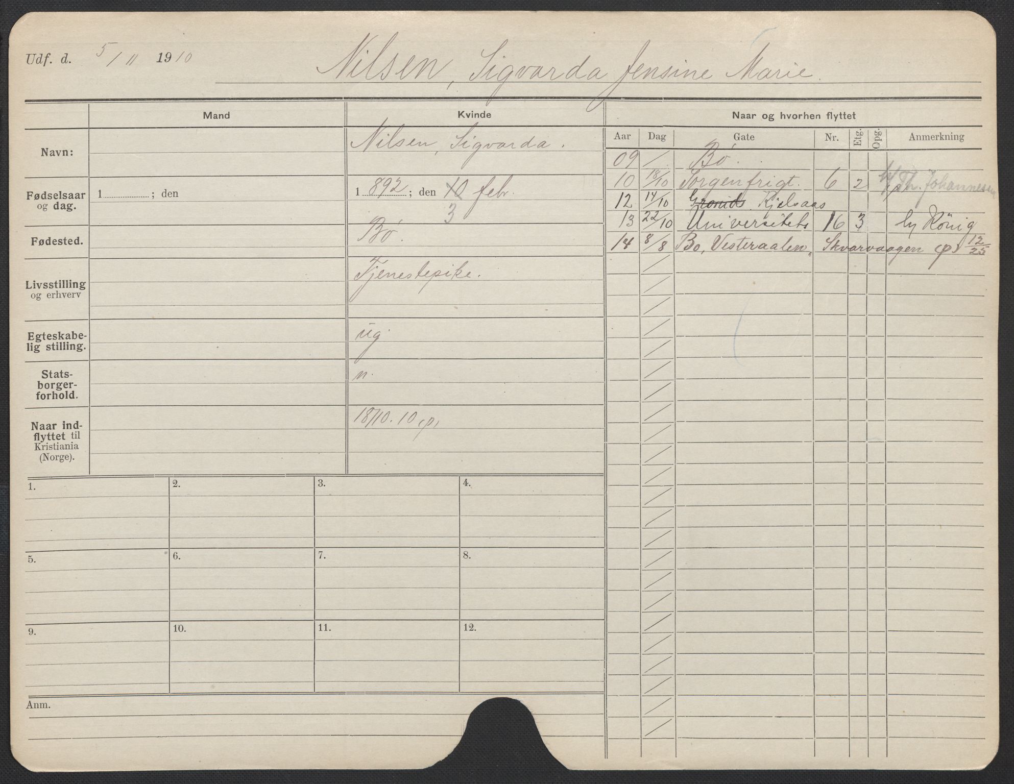 Oslo folkeregister, Registerkort, AV/SAO-A-11715/F/Fa/Fac/L0021: Kvinner, 1906-1914, s. 493a