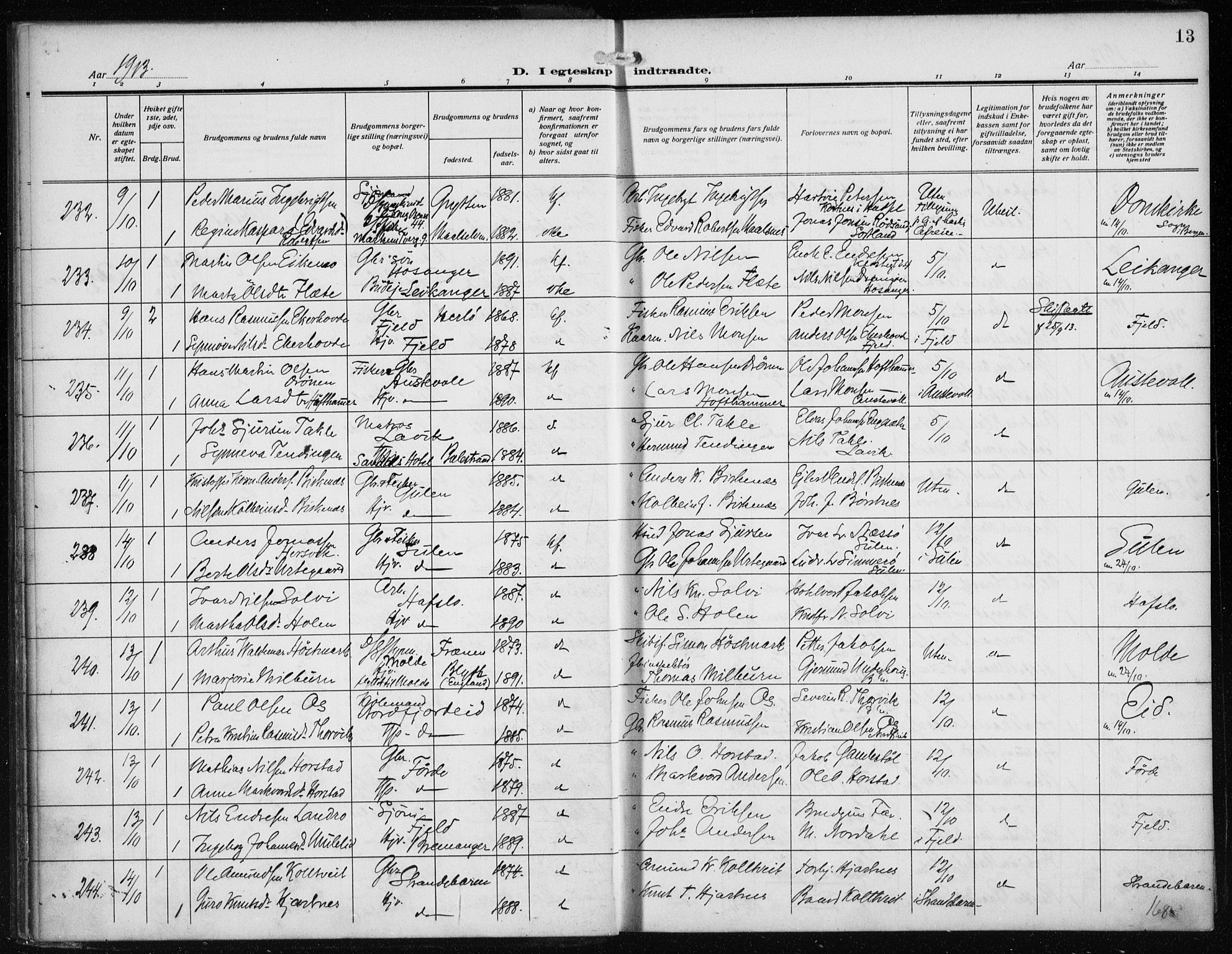 Nykirken Sokneprestembete, AV/SAB-A-77101/H/Haa/L0036: Ministerialbok nr. D 6, 1913-1918, s. 13