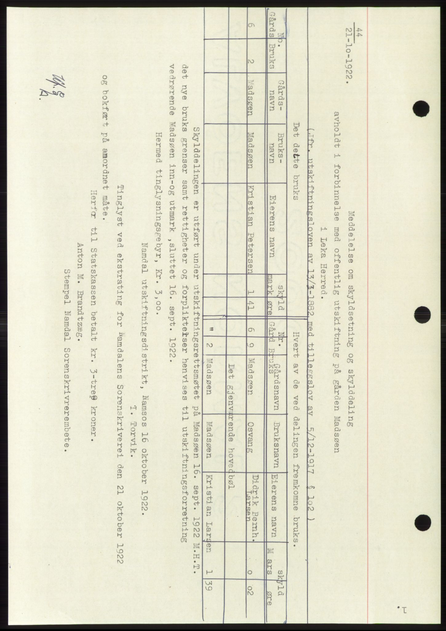 Namdal sorenskriveri, SAT/A-4133/1/2/2C: Pantebok nr. -, 1922-1925, Tingl.dato: 21.10.1922