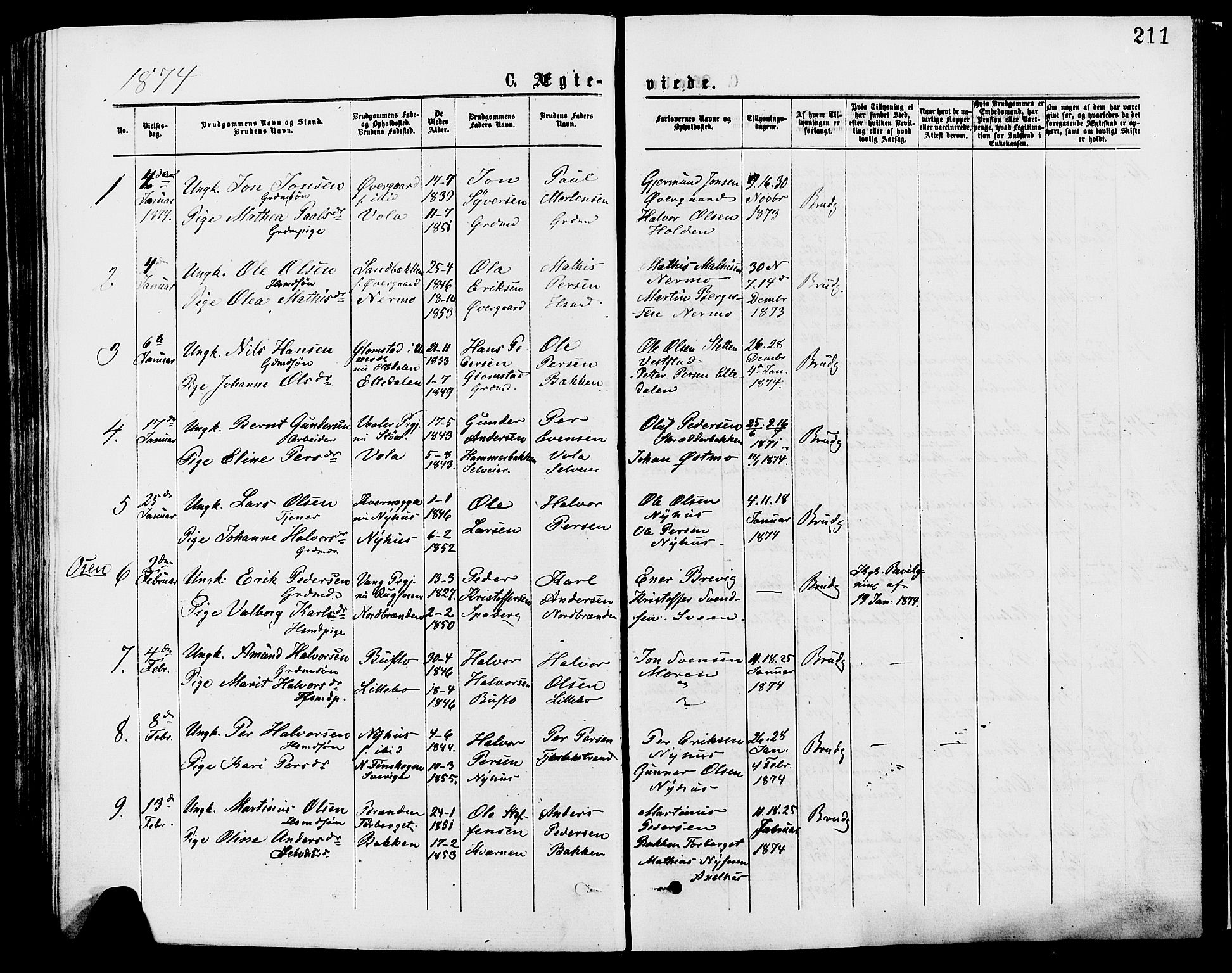 Trysil prestekontor, SAH/PREST-046/H/Ha/Haa/L0007: Ministerialbok nr. 7, 1874-1880, s. 211