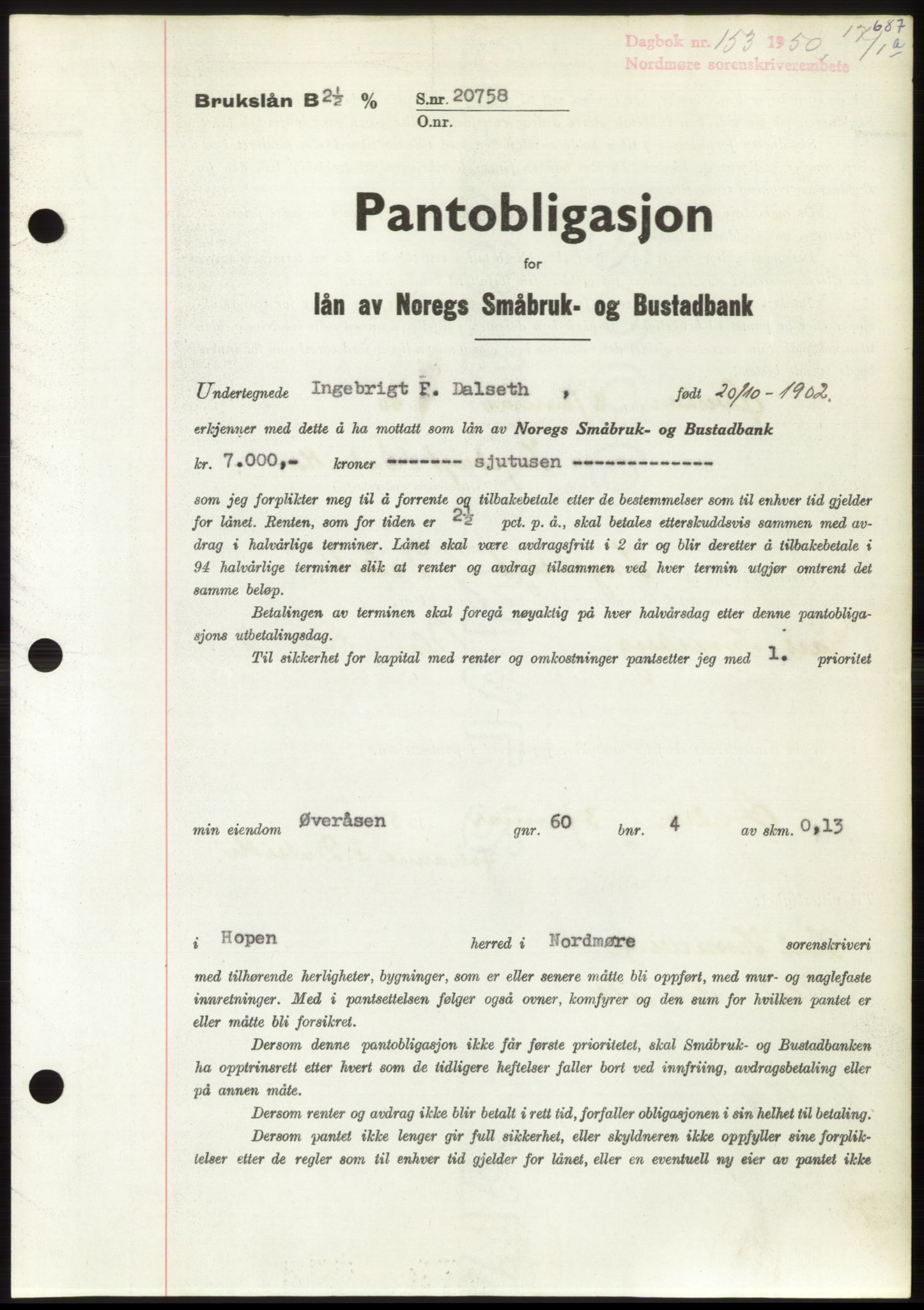 Nordmøre sorenskriveri, SAT/A-4132/1/2/2Ca: Pantebok nr. B103, 1949-1950, Dagboknr: 153/1950
