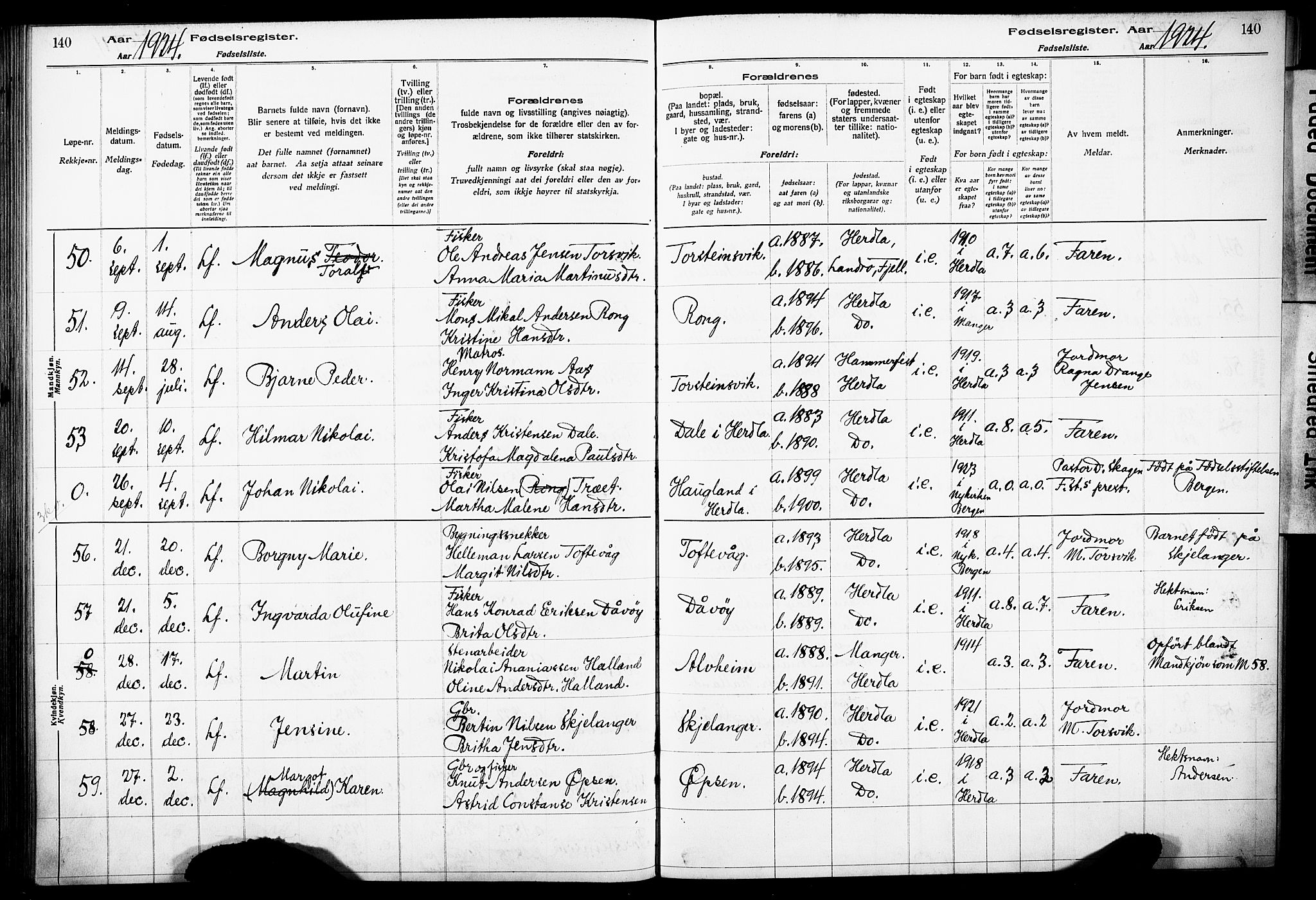 Herdla Sokneprestembete, AV/SAB-A-75701/I/Id/L00A1: Fødselsregister nr. A 1, 1916-1929, s. 140