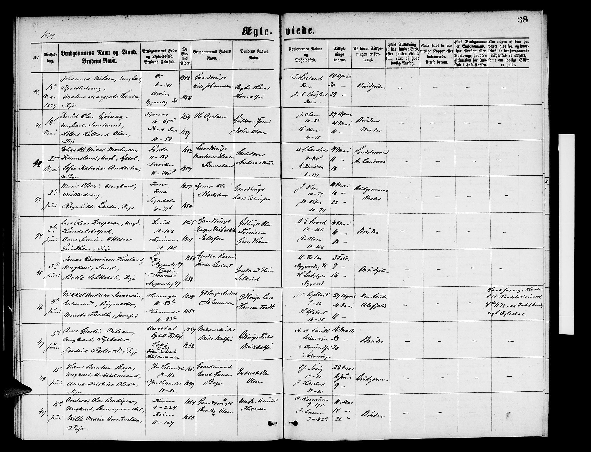 Domkirken sokneprestembete, AV/SAB-A-74801/H/Hab/L0031: Klokkerbok nr. D 3, 1877-1880, s. 38
