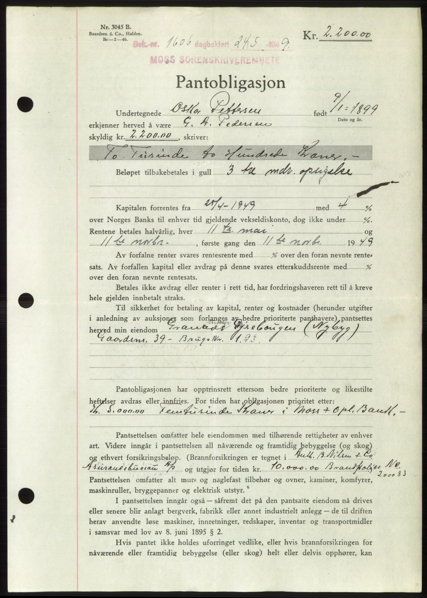 Moss sorenskriveri, SAO/A-10168: Pantebok nr. B22, 1949-1949, Dagboknr: 1606/1949