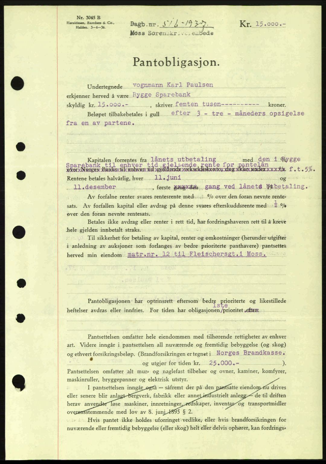 Moss sorenskriveri, SAO/A-10168: Pantebok nr. B3, 1937-1937, Dagboknr: 516/1937
