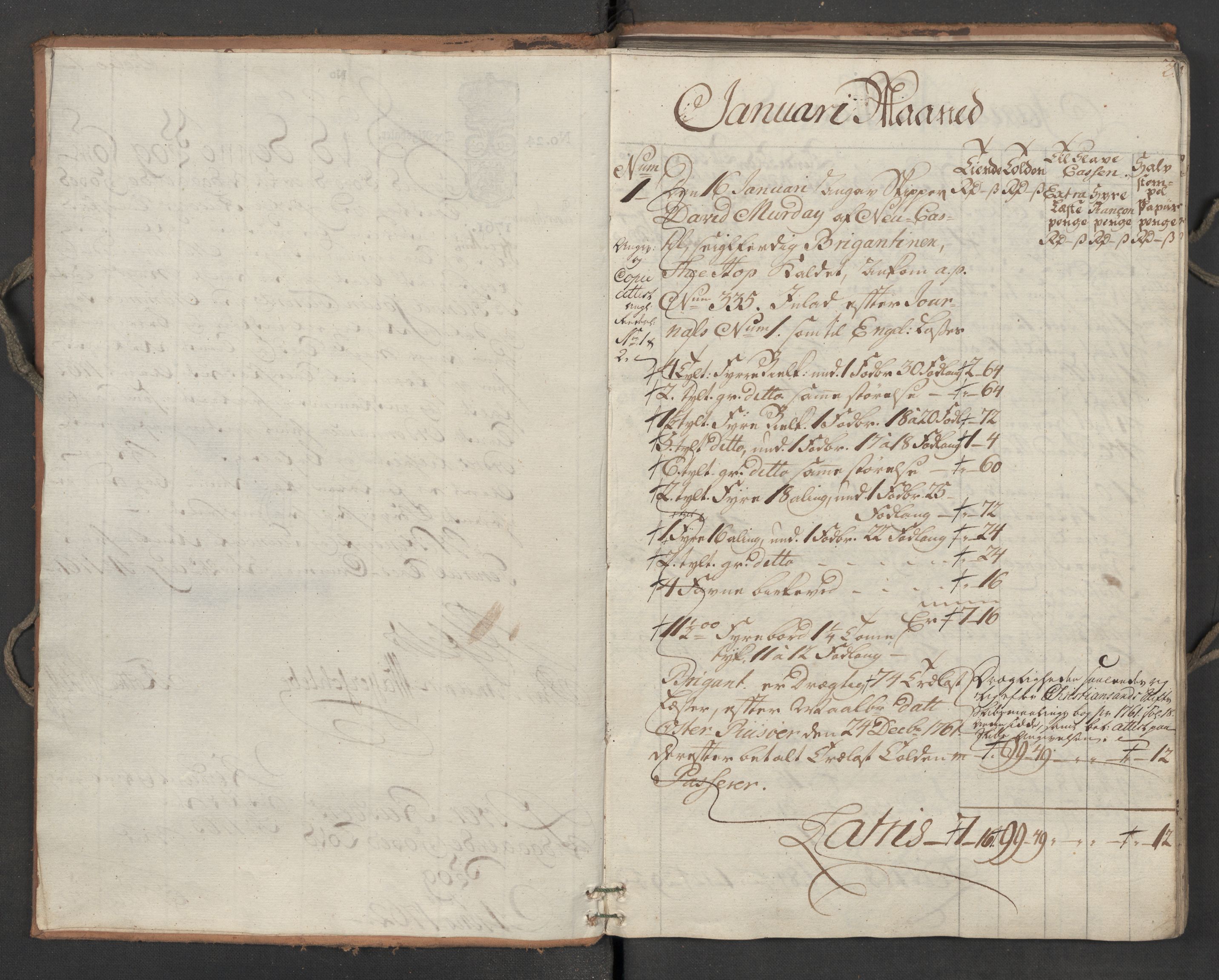 Generaltollkammeret, tollregnskaper, AV/RA-EA-5490/R14/L0037/0001: Tollregnskaper Øster-Risør / Utgående hovedtollbok, 1762, s. uindeksert