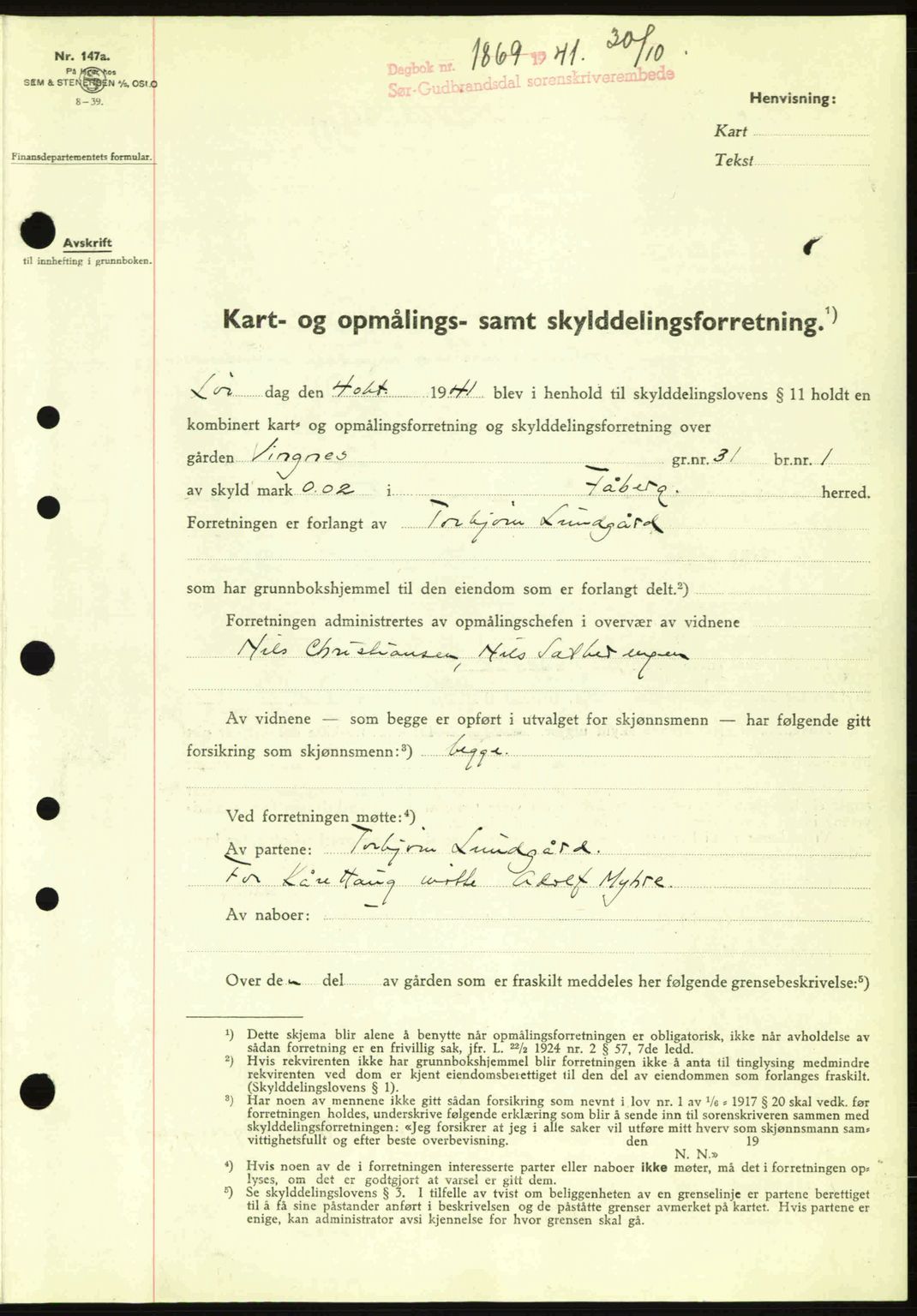 Sør-Gudbrandsdal tingrett, SAH/TING-004/H/Hb/Hbd/L0009: Pantebok nr. A9, 1941-1941, Dagboknr: 1869/1941