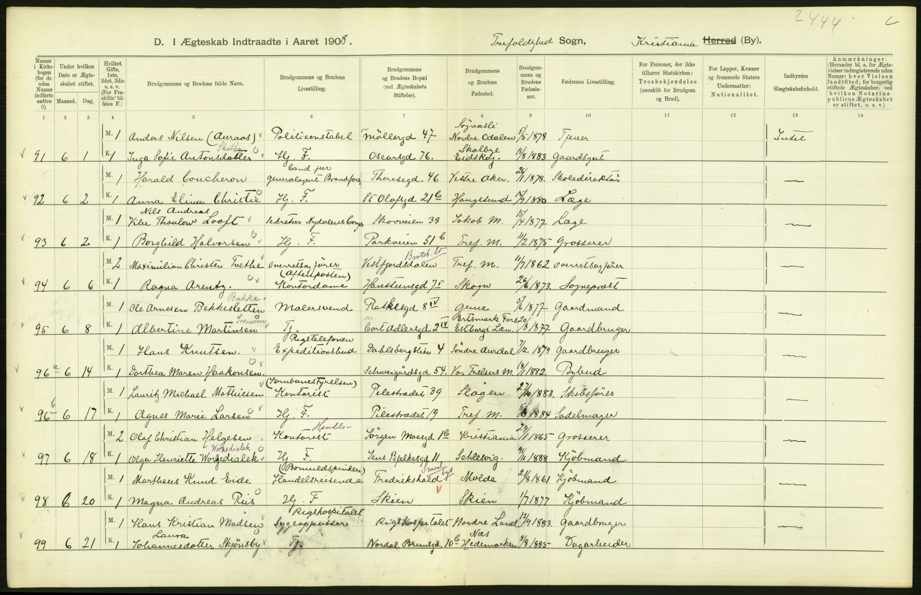 Statistisk sentralbyrå, Sosiodemografiske emner, Befolkning, AV/RA-S-2228/D/Df/Dfa/Dfaf/L0007: Kristiania: Gifte, 1908, s. 422