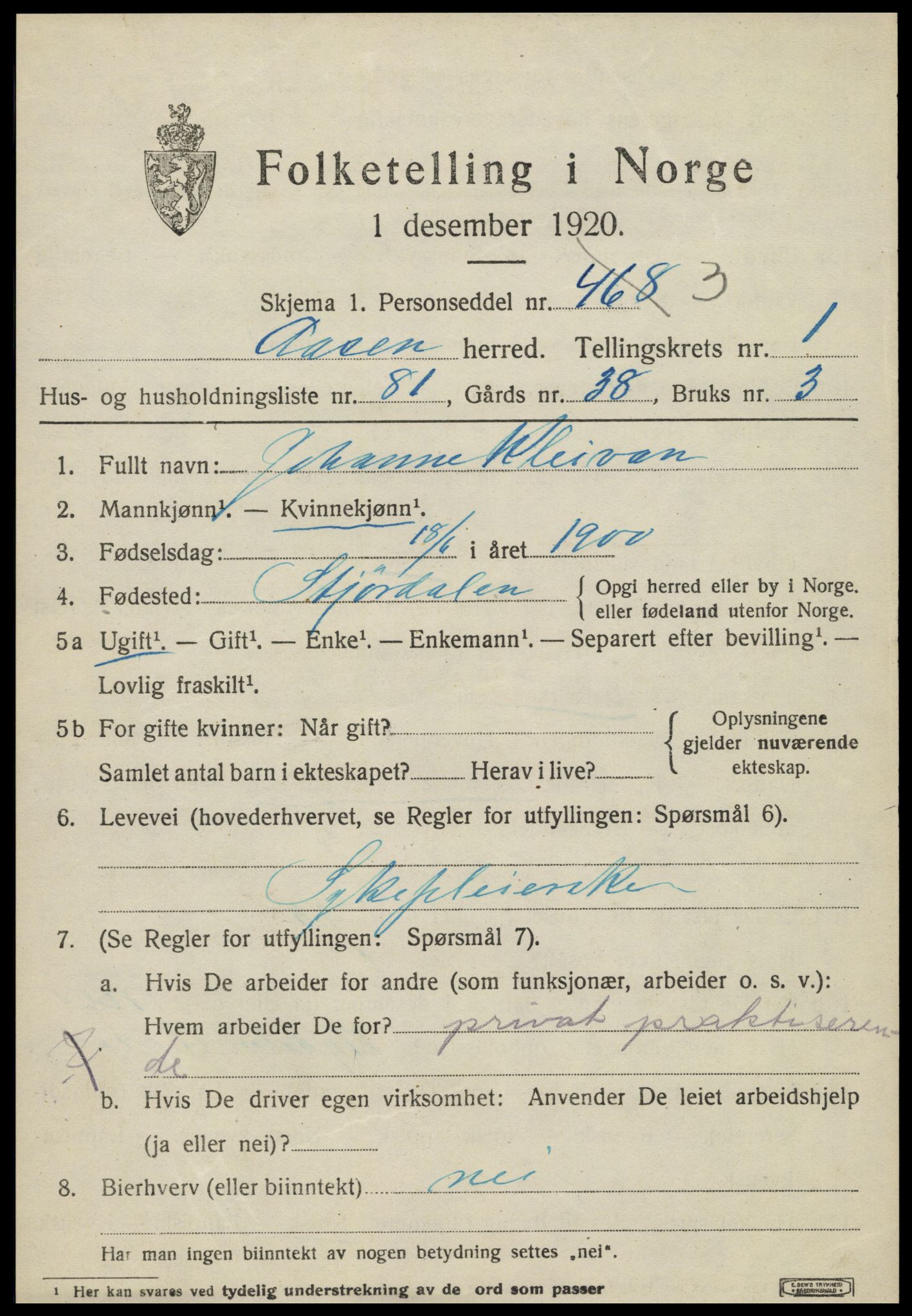 SAT, Folketelling 1920 for 1716 Åsen herred, 1920, s. 1696