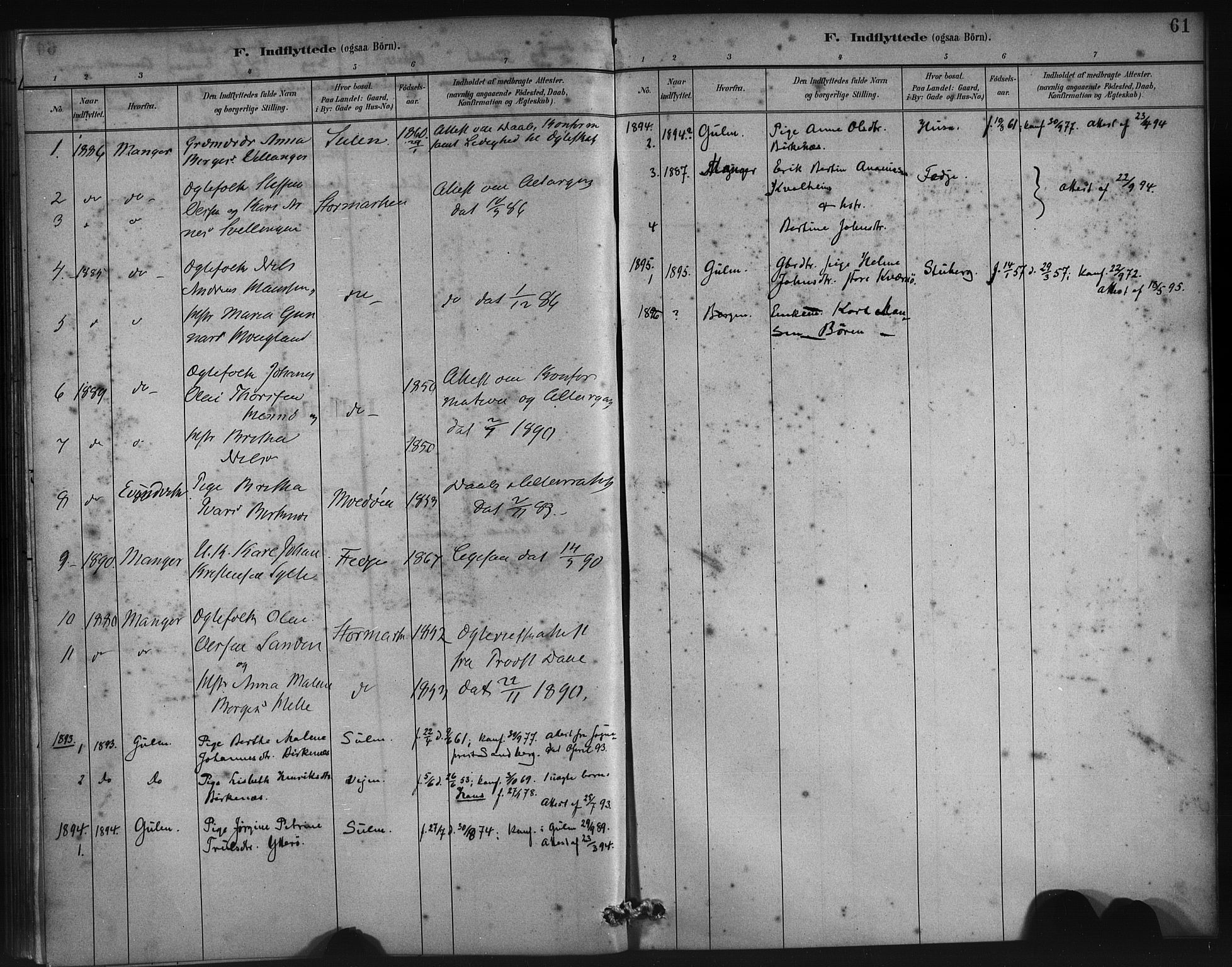 Lindås Sokneprestembete, AV/SAB-A-76701/H/Haa/Haad/L0001: Ministerialbok nr. D 1, 1886-1896, s. 61