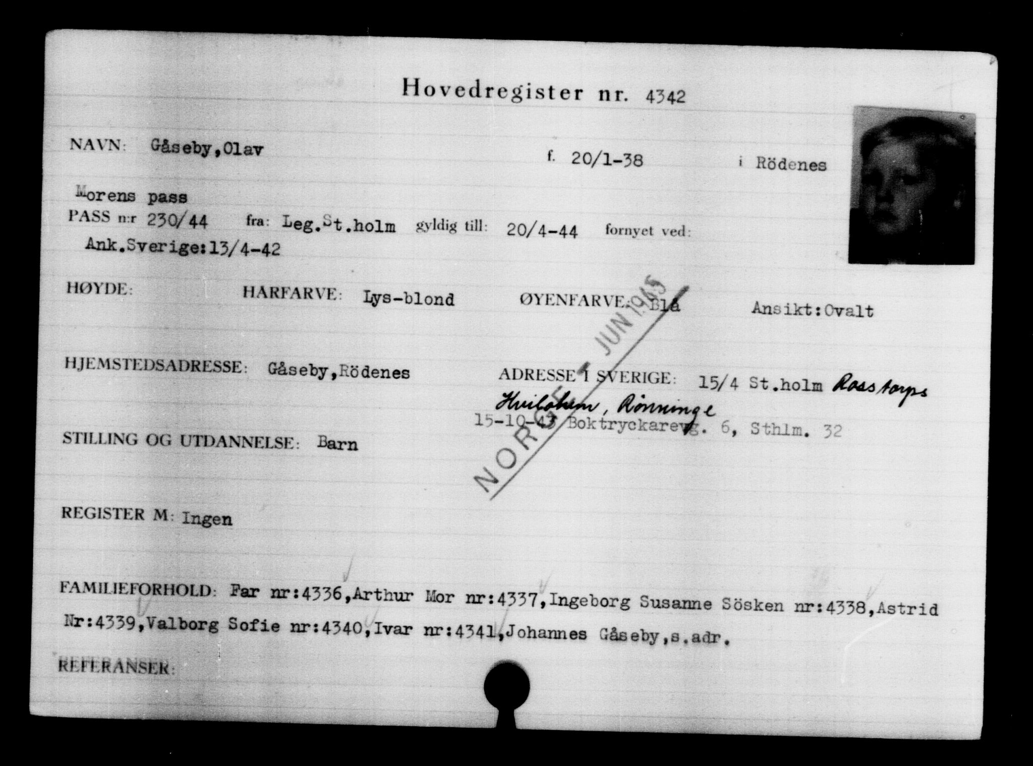 Utenriksstasjonene, Legasjonen i Stockholm, Flyktningkontoret, AV/RA-S-6753/V/Va/L0004: Kjesäterkartoteket, flyktninger med registreringsnr. 3496-6610, 1940-1945, s. 1026