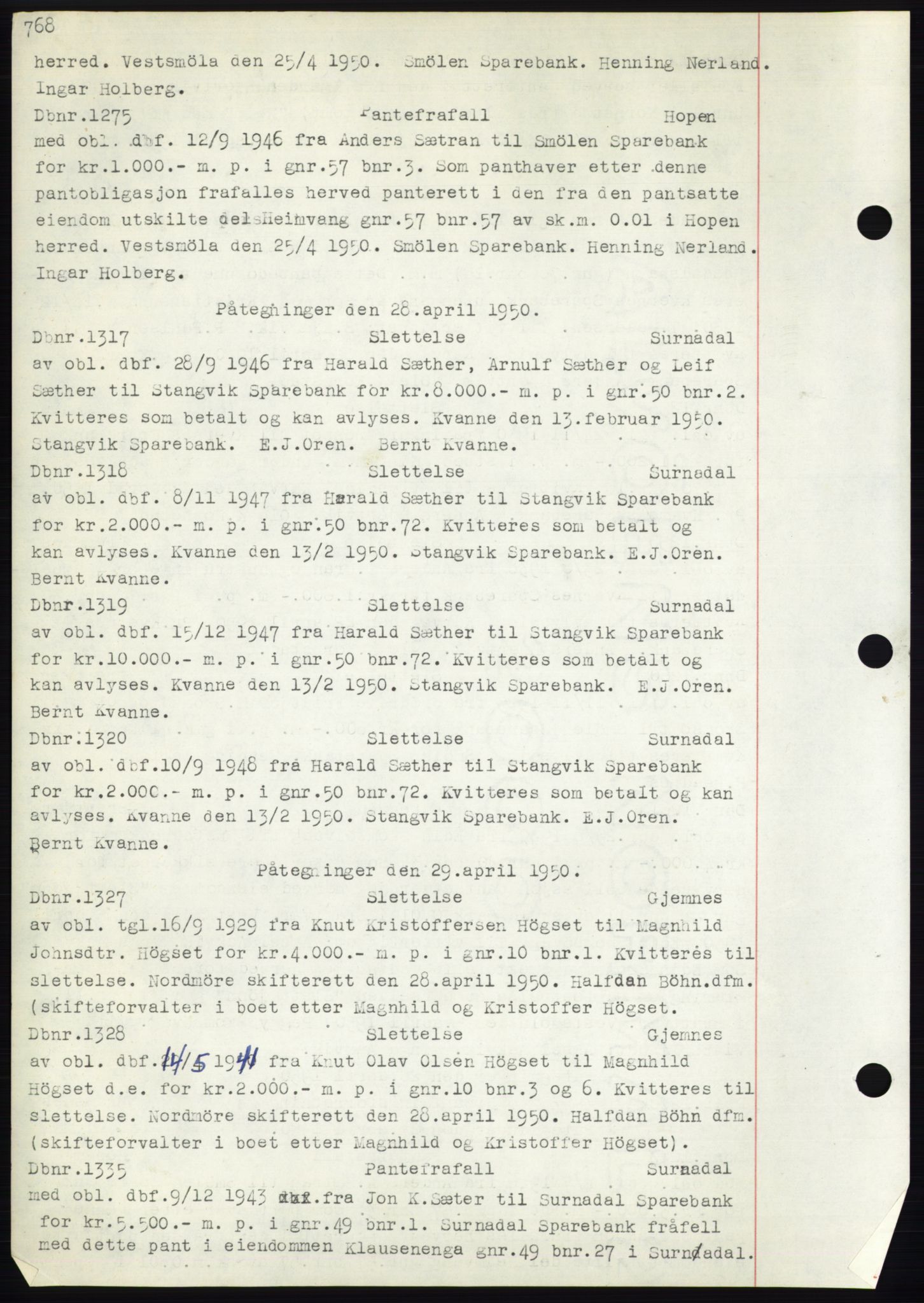 Nordmøre sorenskriveri, SAT/A-4132/1/2/2Ca: Pantebok nr. C82b, 1946-1951, Dagboknr: 1275/1950