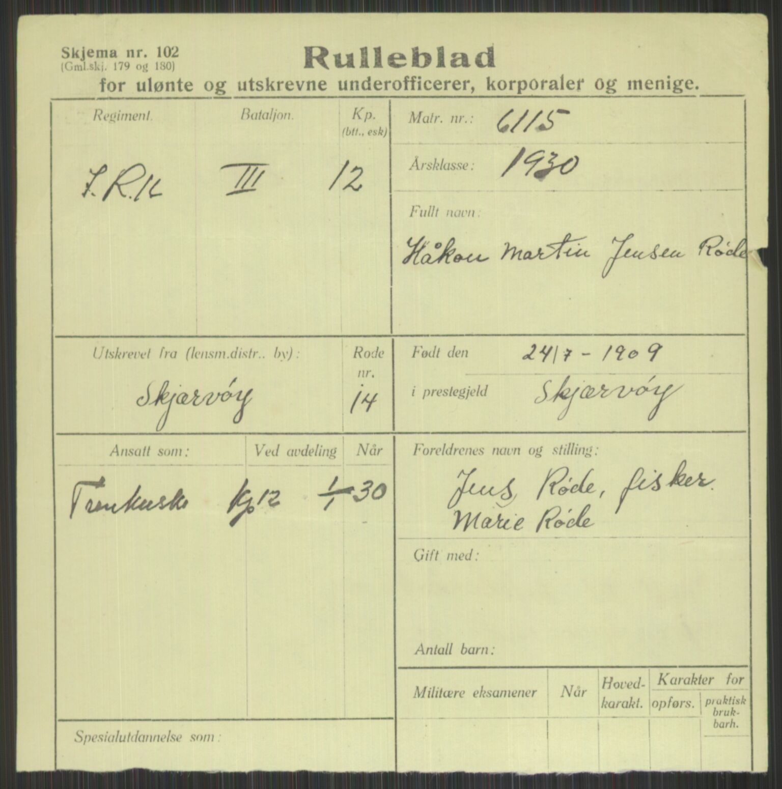 Forsvaret, Troms infanteriregiment nr. 16, AV/RA-RAFA-3146/P/Pa/L0014: Rulleblad for regimentets menige mannskaper, årsklasse 1930, 1930, s. 929