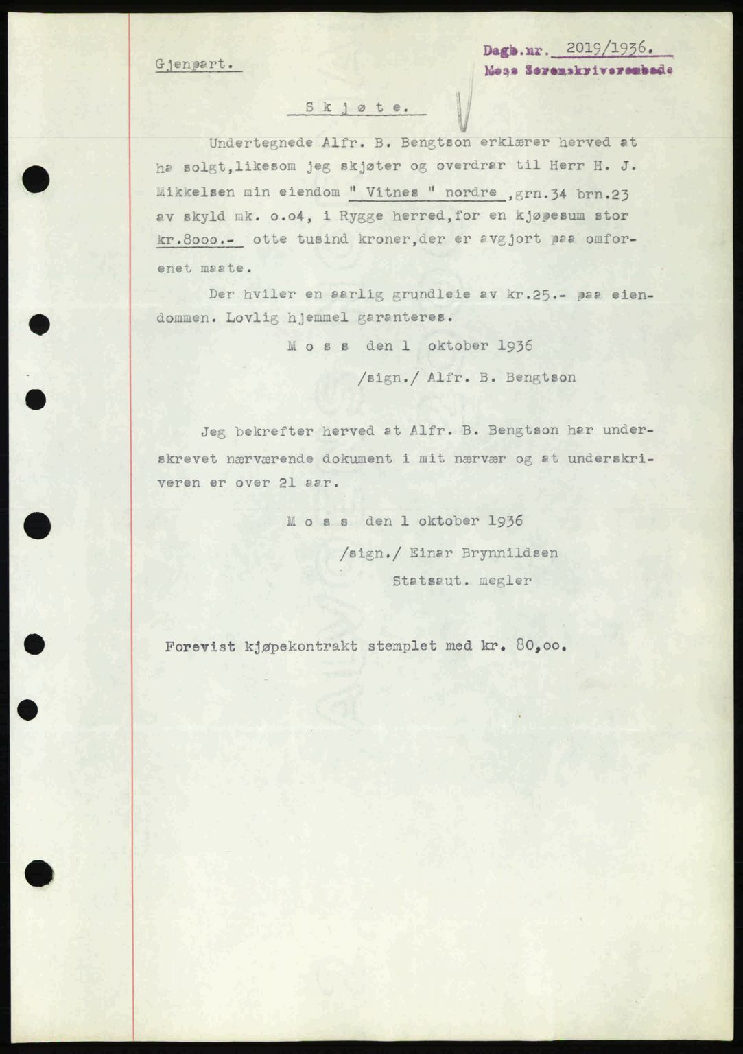 Moss sorenskriveri, SAO/A-10168: Pantebok nr. A2, 1936-1937, Dagboknr: 2019/1936