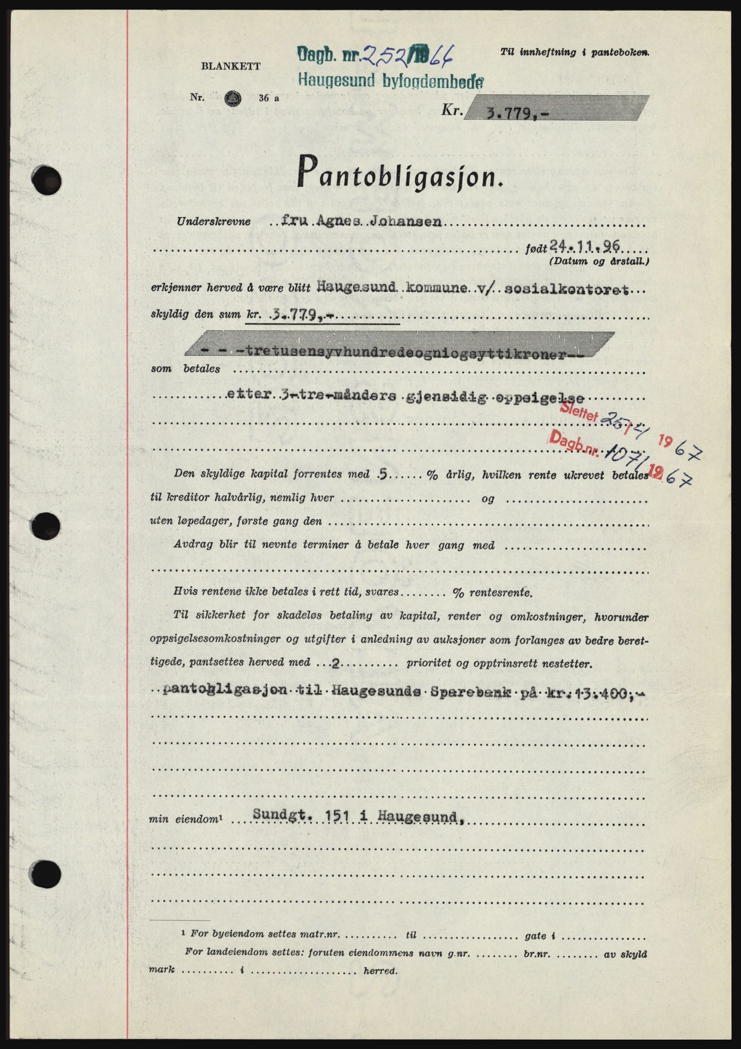 Haugesund tingrett, SAST/A-101415/01/II/IIC/L0054: Pantebok nr. B 54, 1965-1966, Dagboknr: 252/1966