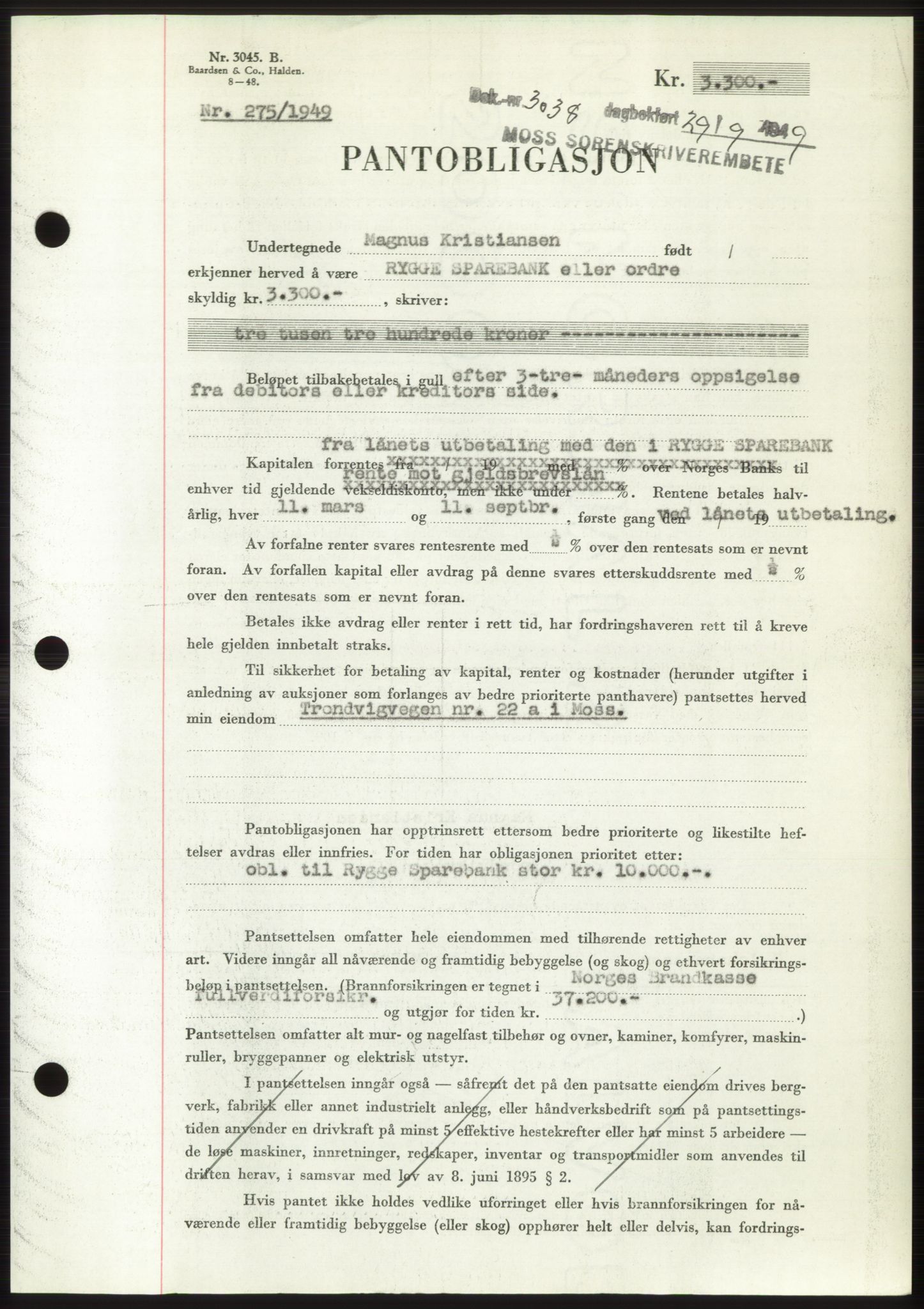 Moss sorenskriveri, SAO/A-10168: Pantebok nr. B22, 1949-1949, Dagboknr: 3038/1949