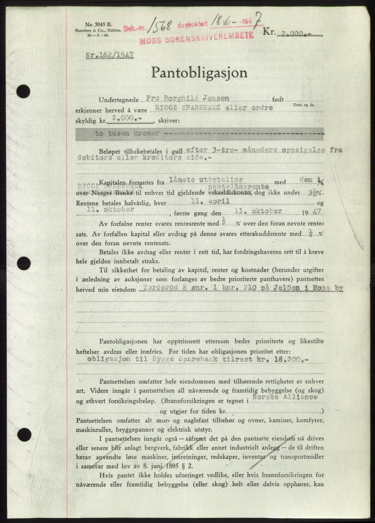 Moss sorenskriveri, SAO/A-10168: Pantebok nr. B17, 1947-1947, Dagboknr: 1568/1947