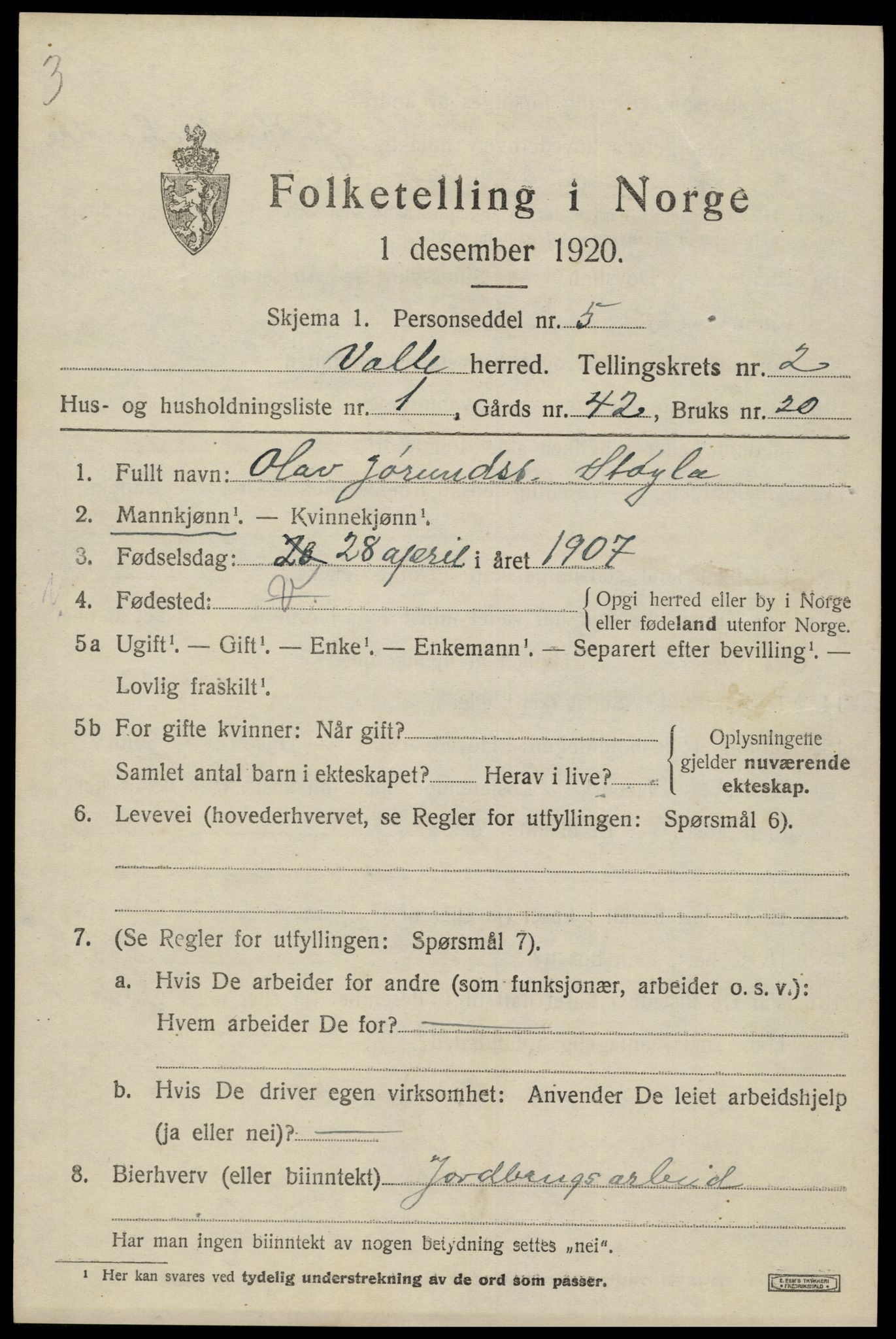 SAK, Folketelling 1920 for 0940 Valle herred, 1920, s. 961