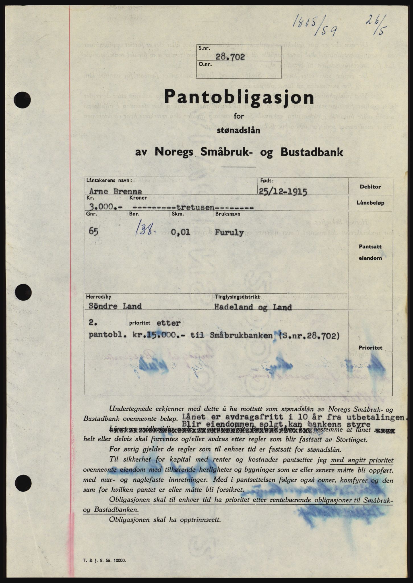 Hadeland og Land tingrett, SAH/TING-010/H/Hb/Hbc/L0040: Pantebok nr. B40, 1959-1959, Dagboknr: 1805/1959