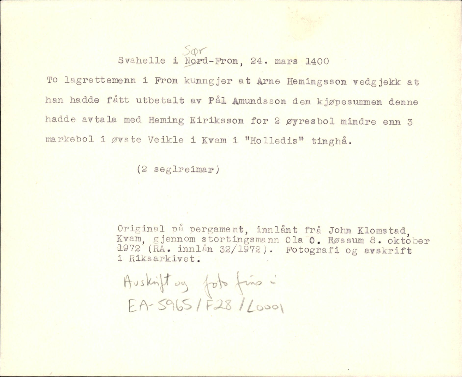 Riksarkivets diplomsamling, AV/RA-EA-5965/F35/F35d/L0001: Innlånte diplomer, seddelregister, 1316-1591, s. 63
