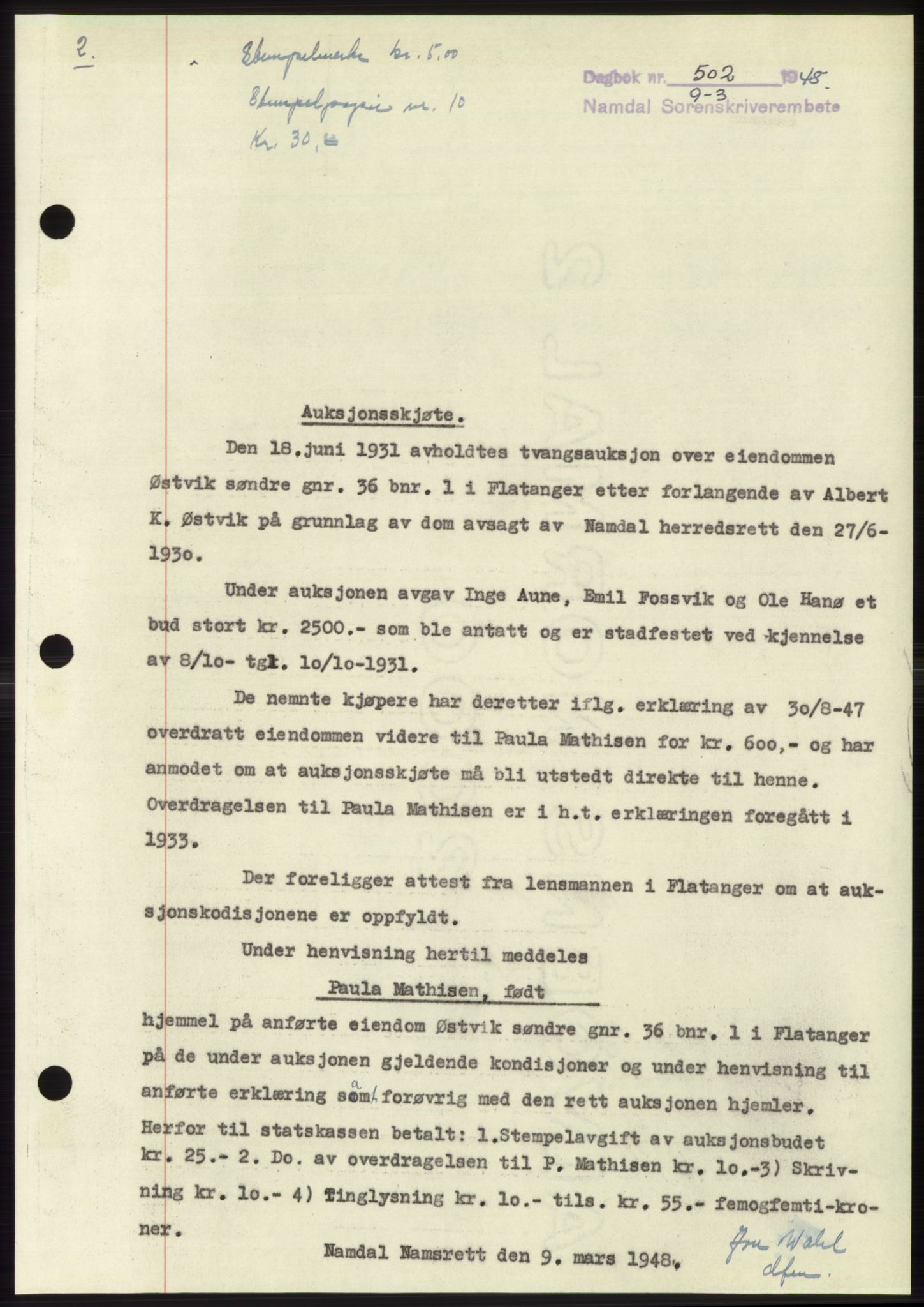 Namdal sorenskriveri, SAT/A-4133/1/2/2C: Pantebok nr. -, 1947-1948, Dagboknr: 502/1948