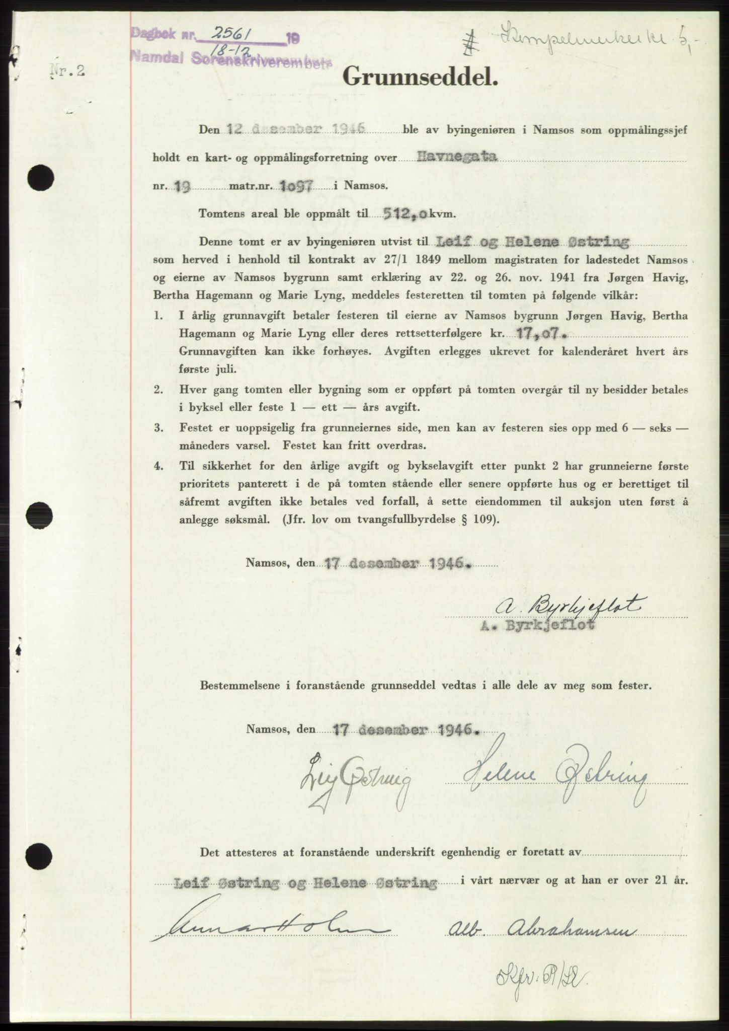Namdal sorenskriveri, SAT/A-4133/1/2/2C: Pantebok nr. -, 1946-1947, Dagboknr: 2561/1946
