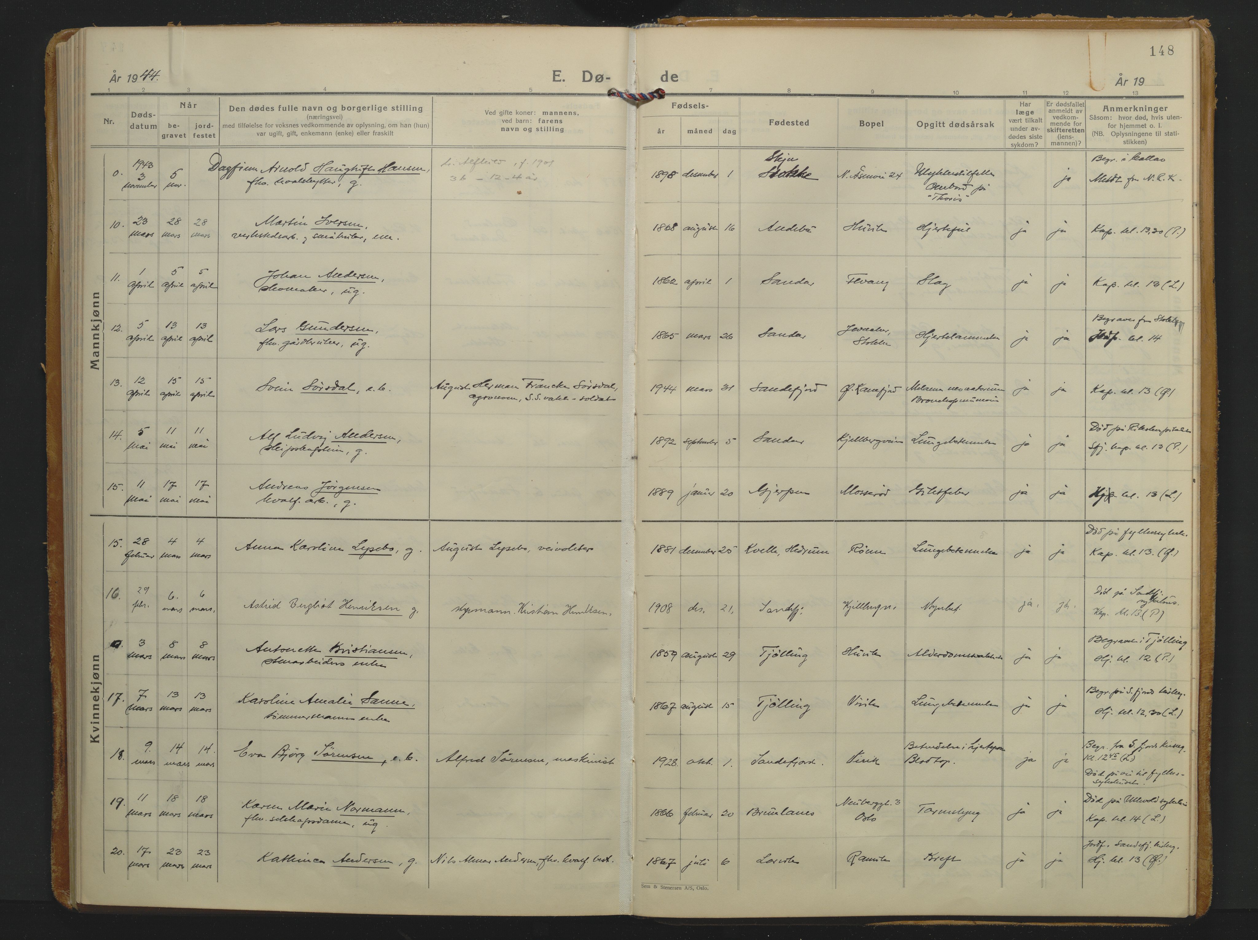 Sandar kirkebøker, AV/SAKO-A-243/F/Fa/L0026: Ministerialbok nr. 26, 1932-1944, s. 148