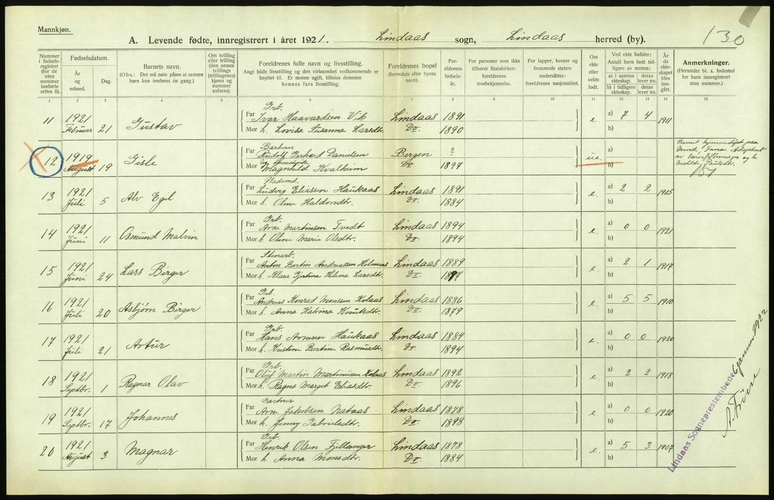 Statistisk sentralbyrå, Sosiodemografiske emner, Befolkning, AV/RA-S-2228/D/Df/Dfc/Dfca/L0031: Hordaland fylke: Levendefødte menn og kvinner. Bygder., 1921, s. 46