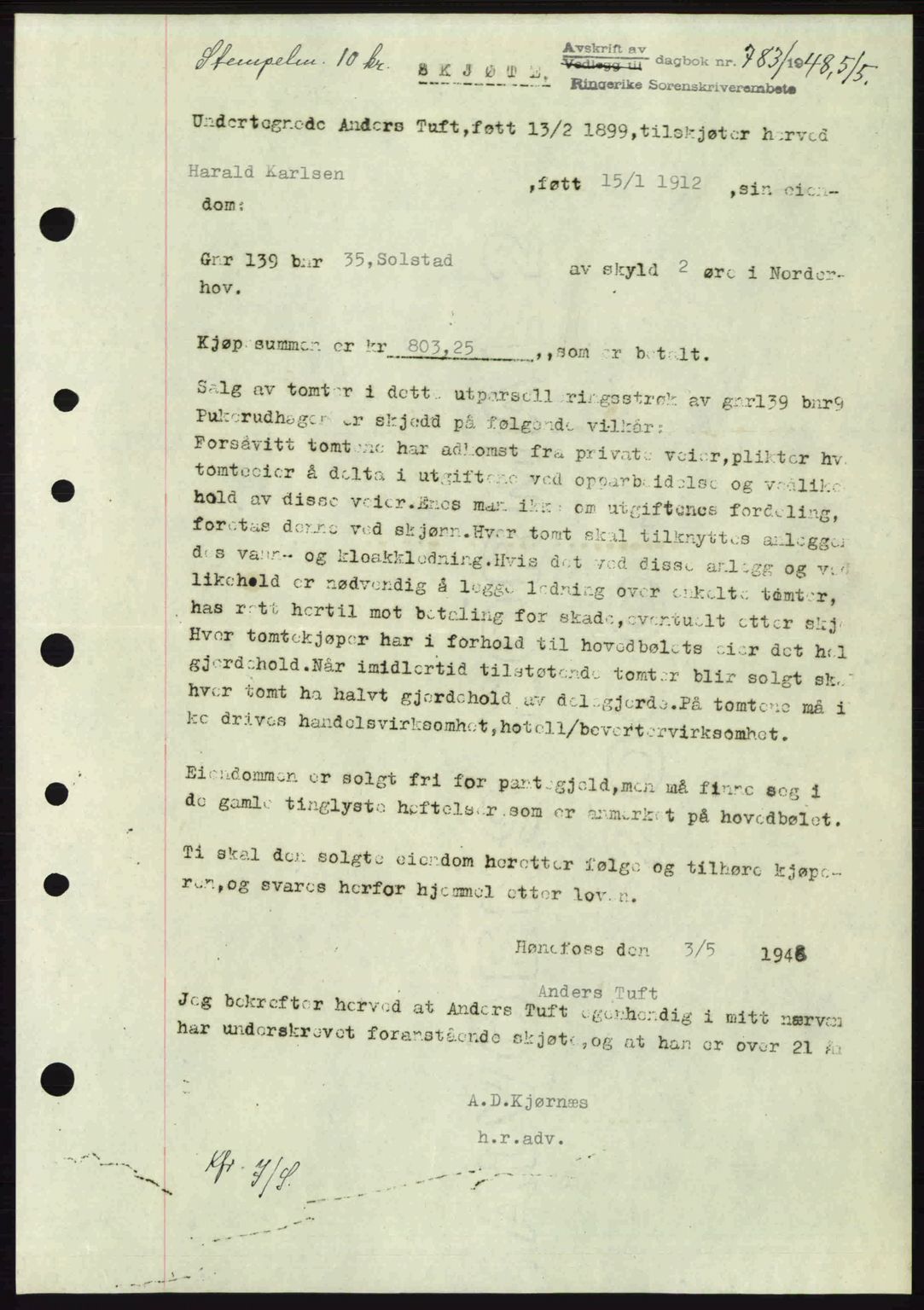 Ringerike sorenskriveri, SAKO/A-105/G/Ga/Gab/L0088: Pantebok nr. A-19, 1948-1948, Dagboknr: 783/1948
