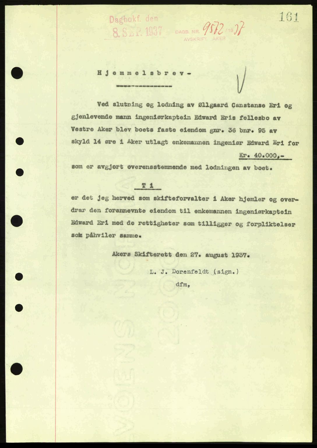 Aker herredsskriveri, SAO/A-10896/G/Gb/Gba/Gbab/L0017: Pantebok nr. A148, 1937-1937, Dagboknr: 9572/1937