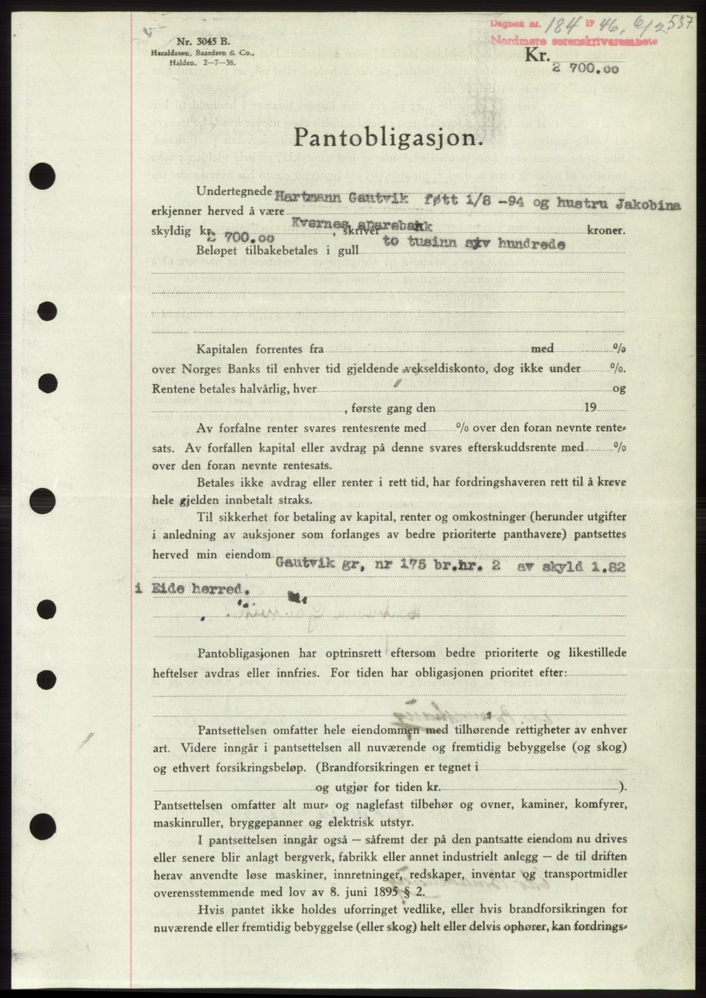 Nordmøre sorenskriveri, SAT/A-4132/1/2/2Ca: Pantebok nr. B93b, 1946-1946, Dagboknr: 184/1946