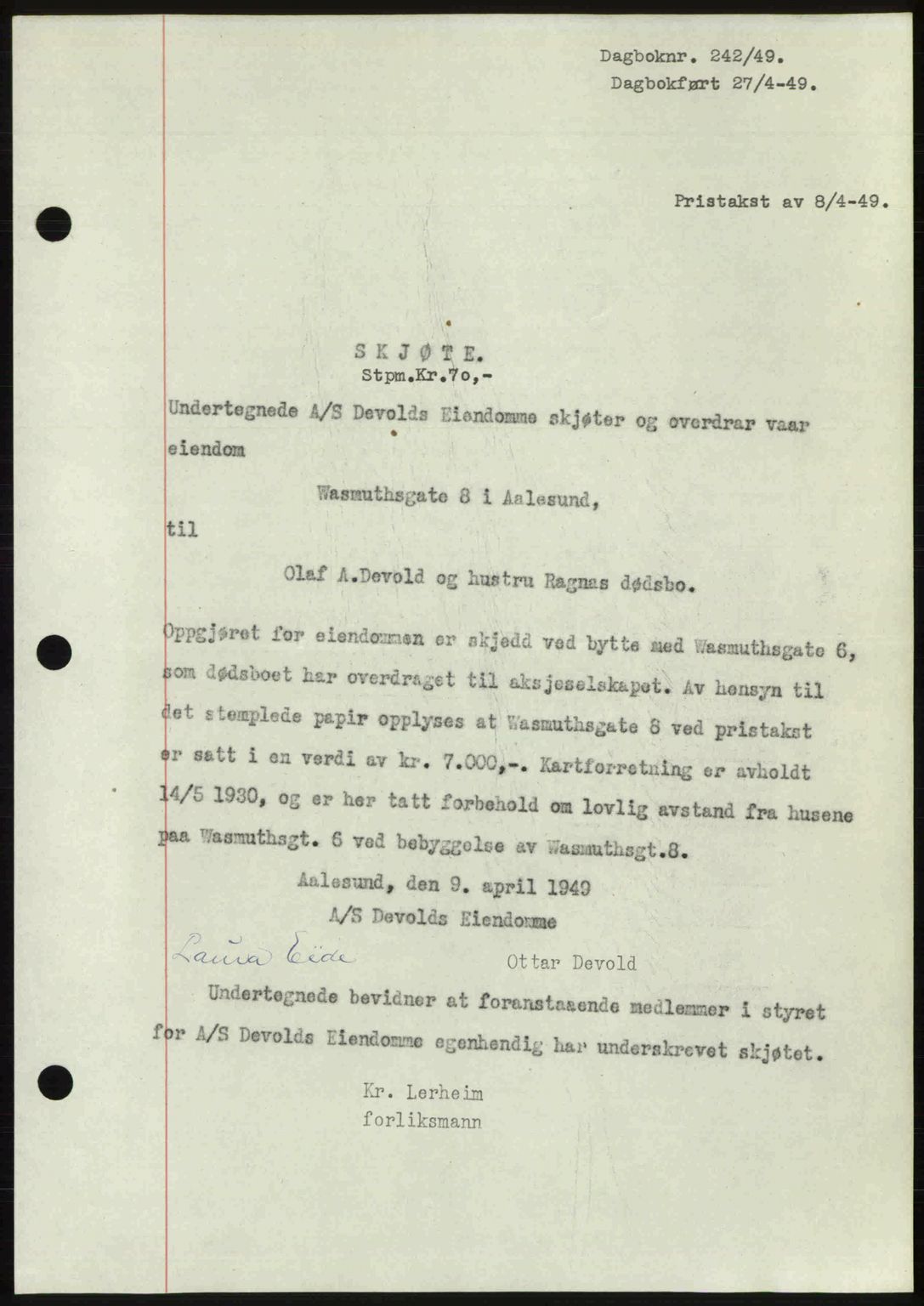 Ålesund byfogd, AV/SAT-A-4384: Pantebok nr. 37A (1), 1947-1949, Dagboknr: 242/1949