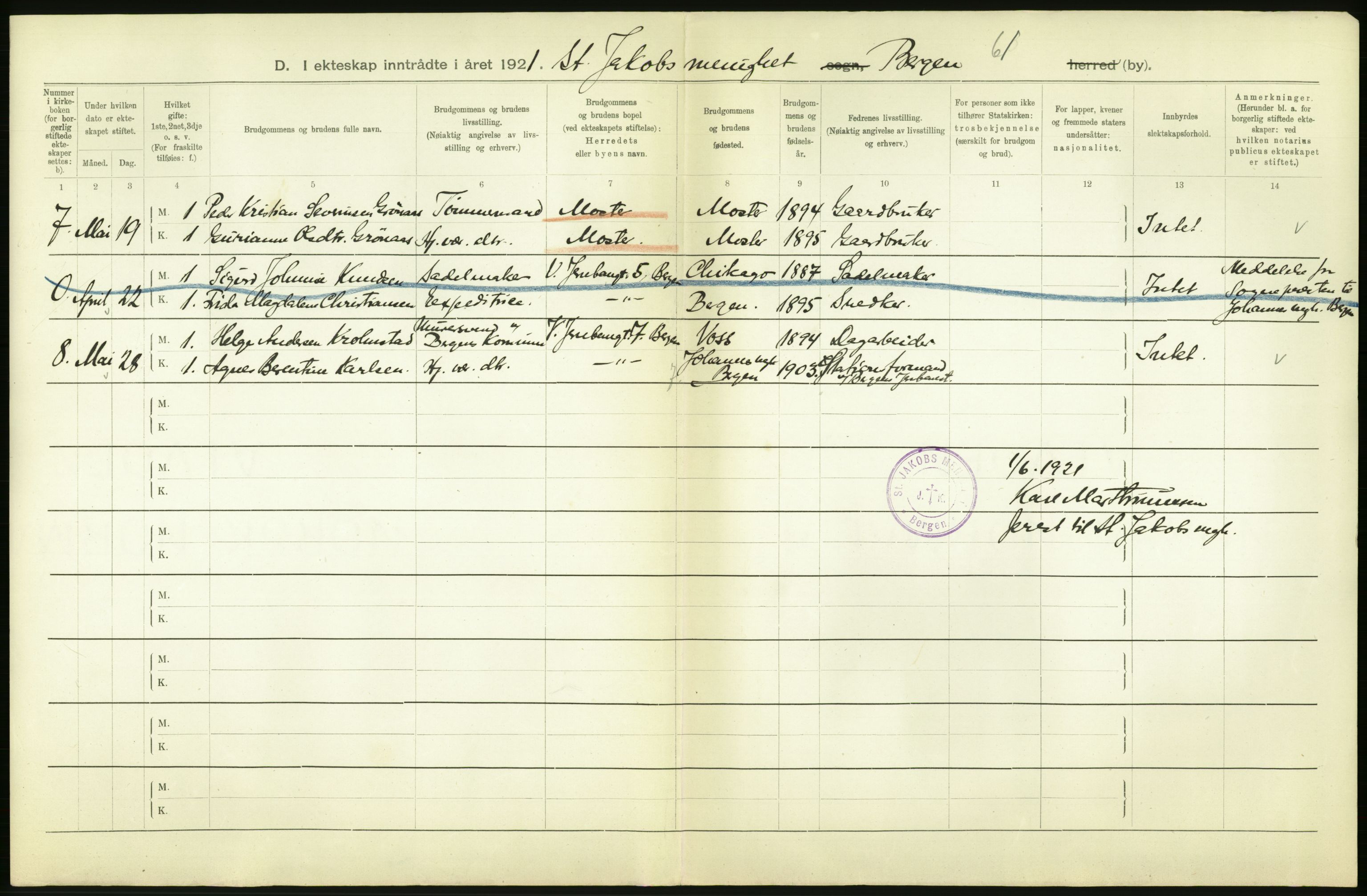 Statistisk sentralbyrå, Sosiodemografiske emner, Befolkning, AV/RA-S-2228/D/Df/Dfc/Dfca/L0035: Bergen: Gifte, dødfødte., 1921, s. 10