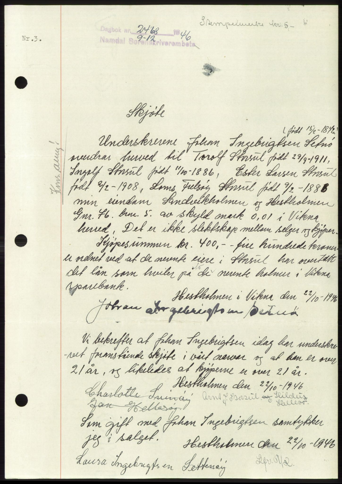 Namdal sorenskriveri, SAT/A-4133/1/2/2C: Pantebok nr. -, 1946-1947, Dagboknr: 2468/1946