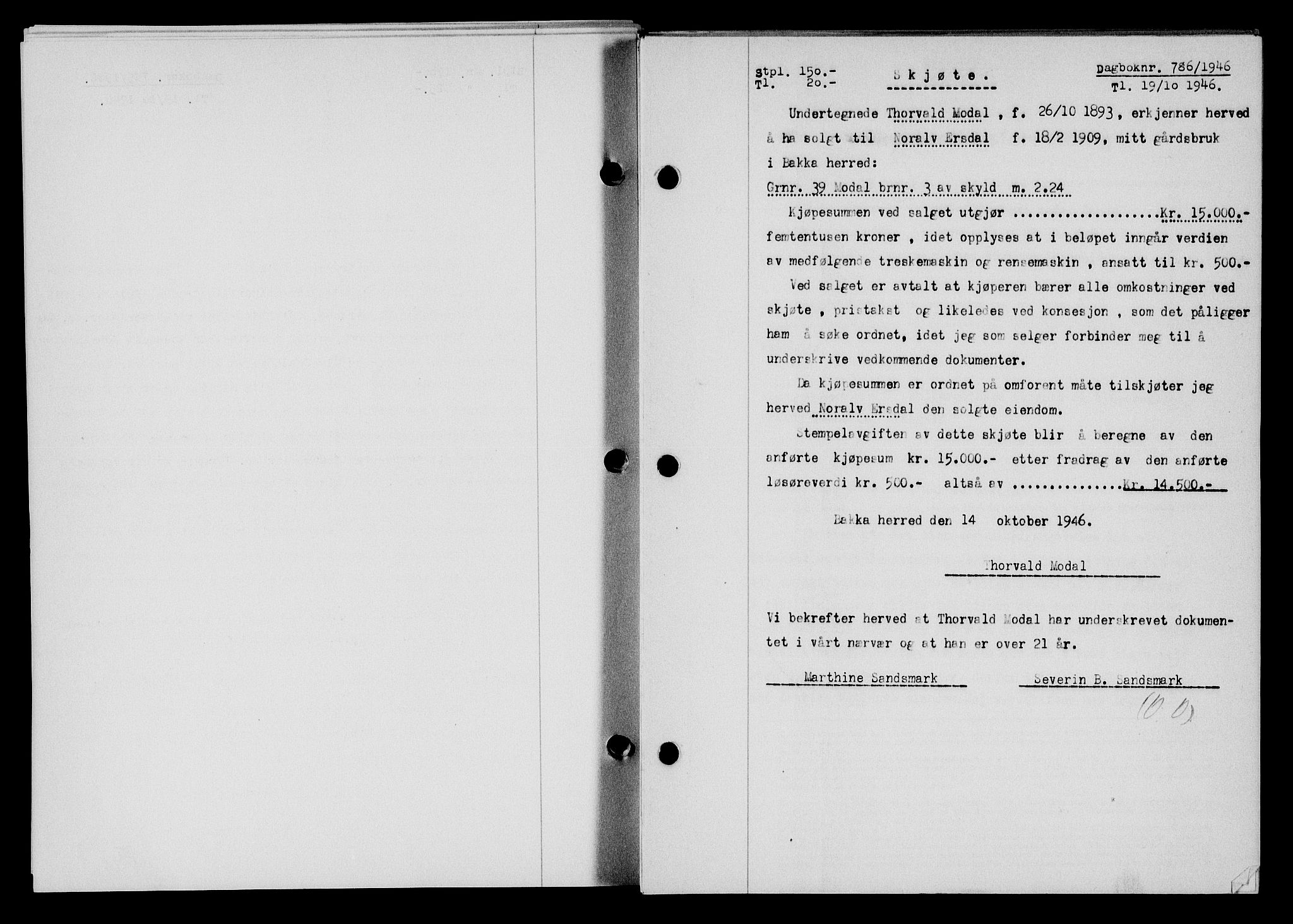Flekkefjord sorenskriveri, SAK/1221-0001/G/Gb/Gba/L0061: Pantebok nr. A-9, 1946-1947, Dagboknr: 786/1946