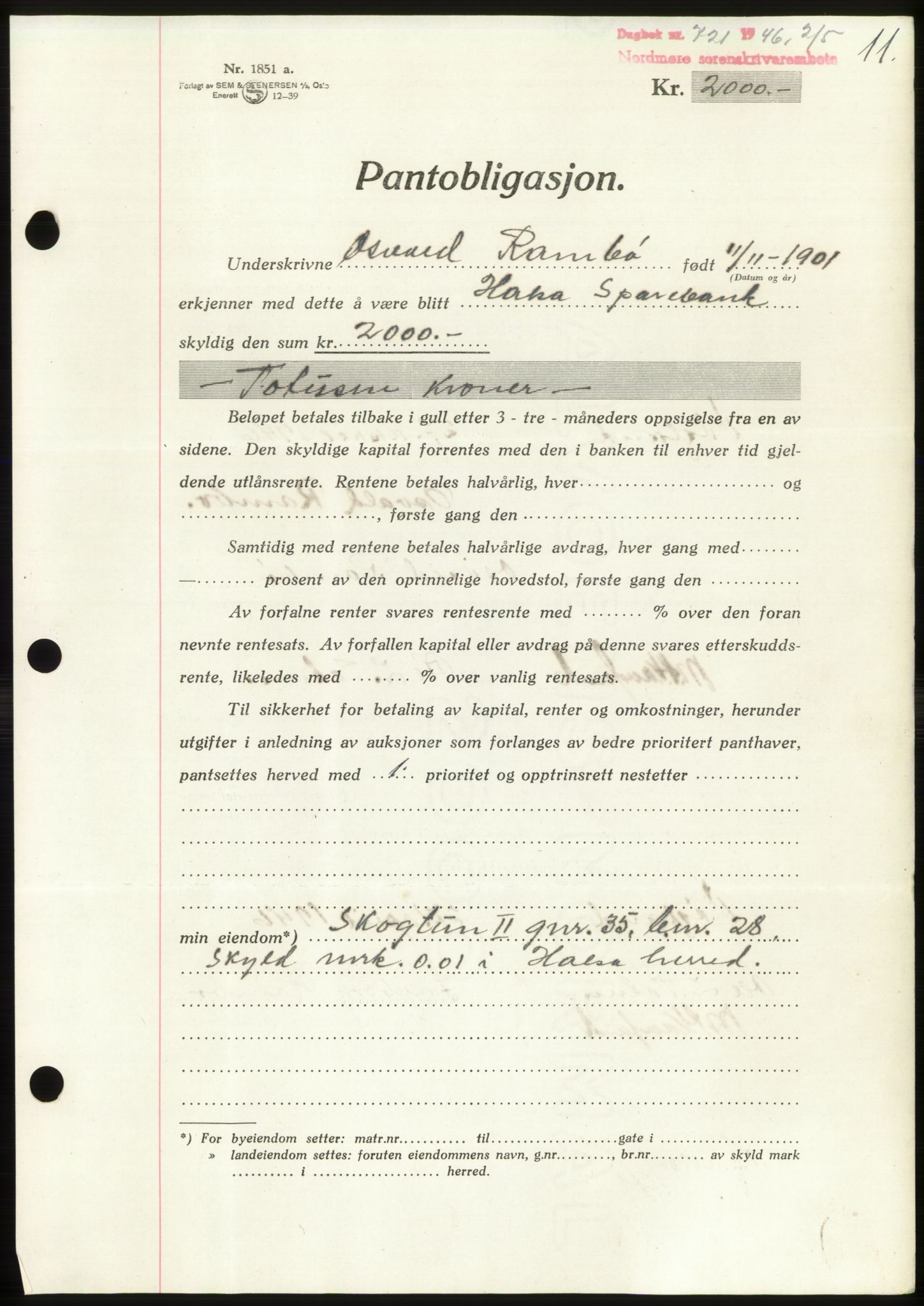 Nordmøre sorenskriveri, AV/SAT-A-4132/1/2/2Ca: Pantebok nr. B94, 1946-1946, Dagboknr: 721/1946