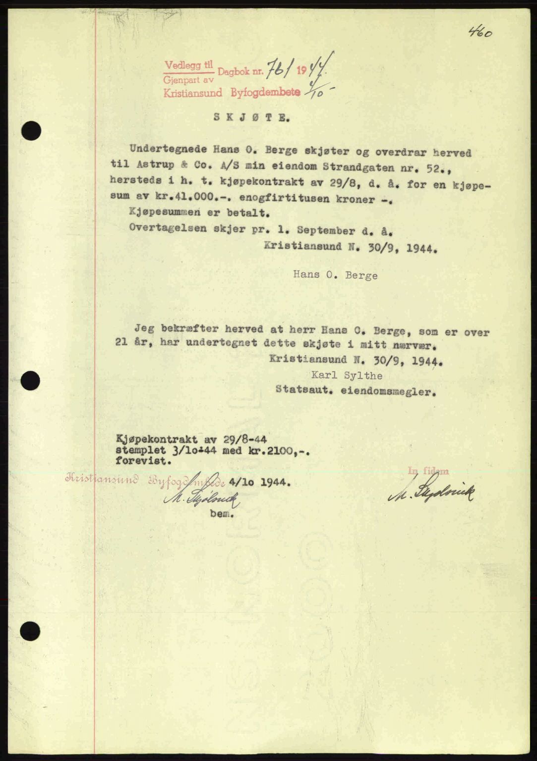 Kristiansund byfogd, AV/SAT-A-4587/A/27: Pantebok nr. 34, 1941-1945, Dagboknr: 761/1944