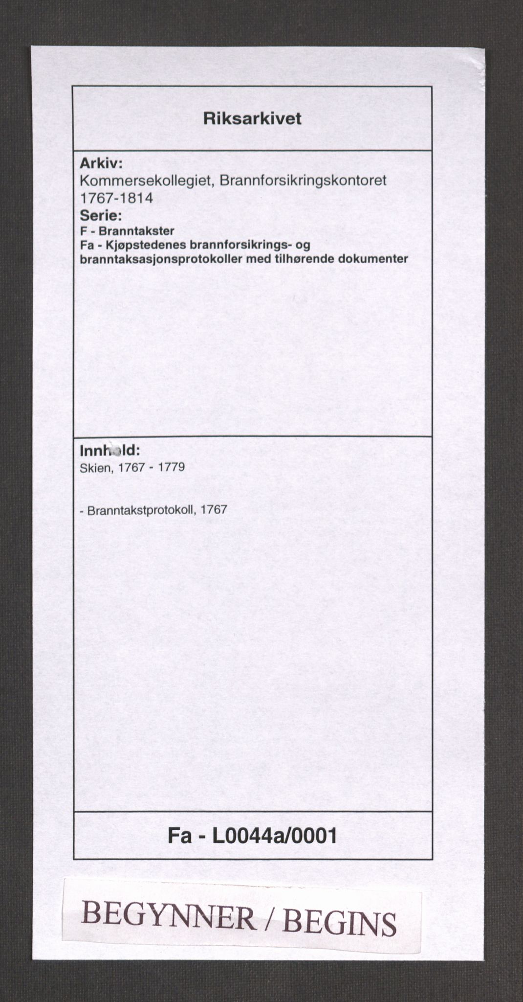 Kommersekollegiet, Brannforsikringskontoret 1767-1814, RA/EA-5458/F/Fa/L0044a/0001: Skien / Branntakstprotokoll, 1767