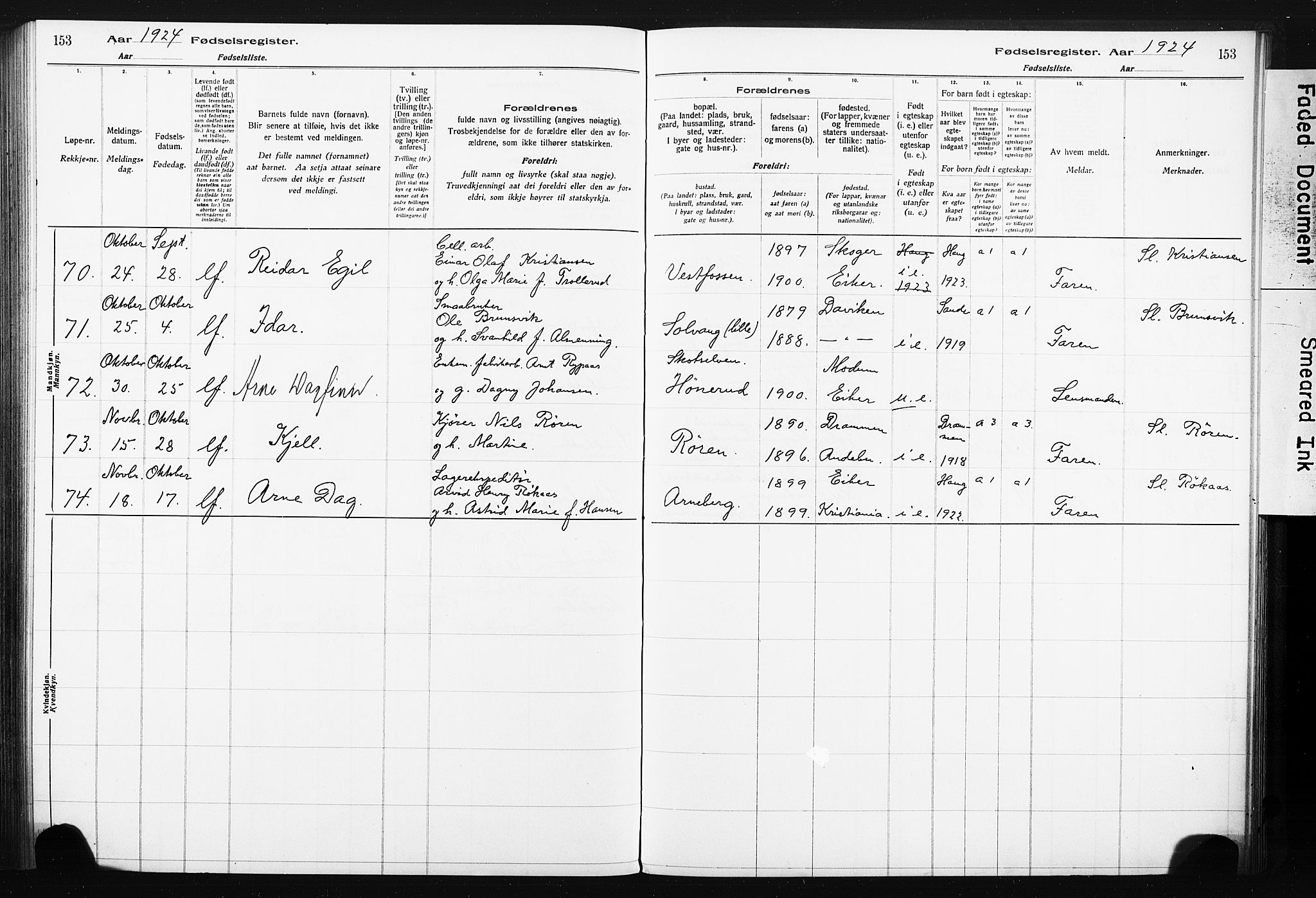 Eiker kirkebøker, AV/SAKO-A-4/J/Ja/L0001: Fødselsregister nr. I 1, 1916-1927, s. 153