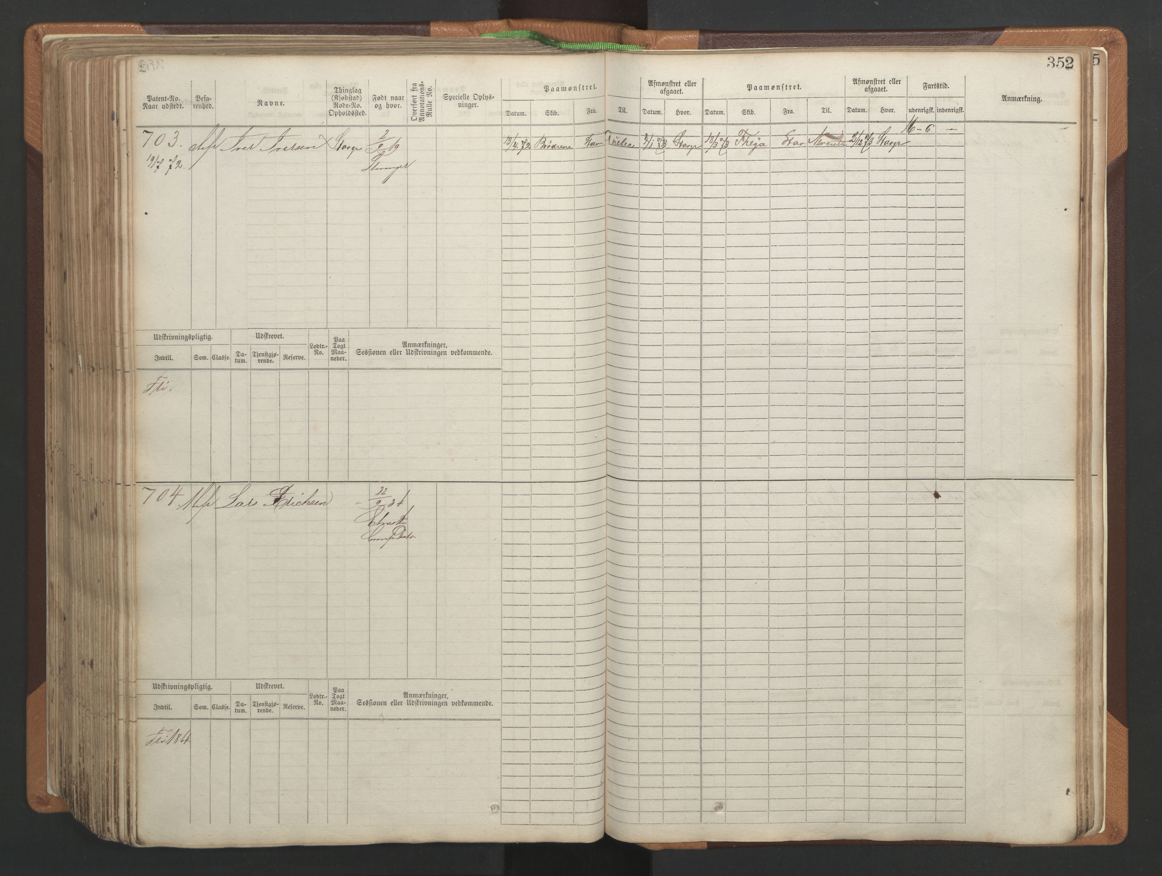 Stavanger sjømannskontor, SAST/A-102006/F/Fb/Fbb/L0004: Sjøfartshovedrulle, patentnr. 1-792 (del 1), 1869-1880, s. 358