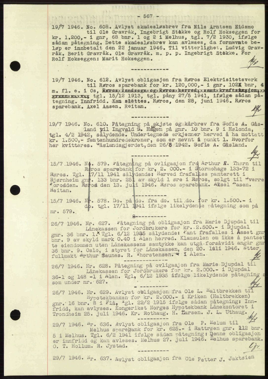 Gauldal sorenskriveri, SAT/A-0014/1/2/2C: Pantebok nr. A2, 1946-1946, Dagboknr: 608/1946