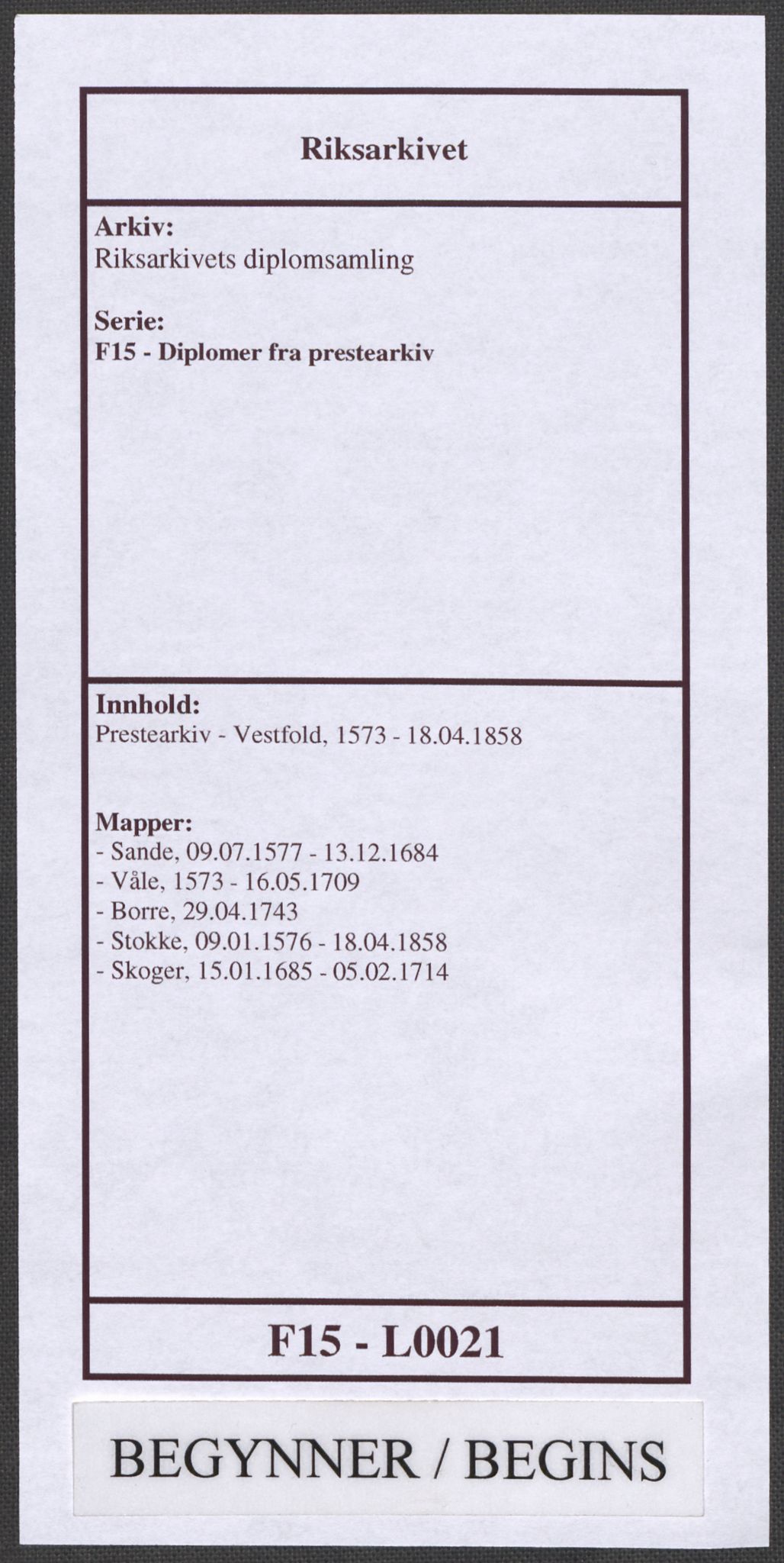 Riksarkivets diplomsamling, RA/EA-5965/F15/L0021: Prestearkiv - Vestfold, 1573-1858, s. 1