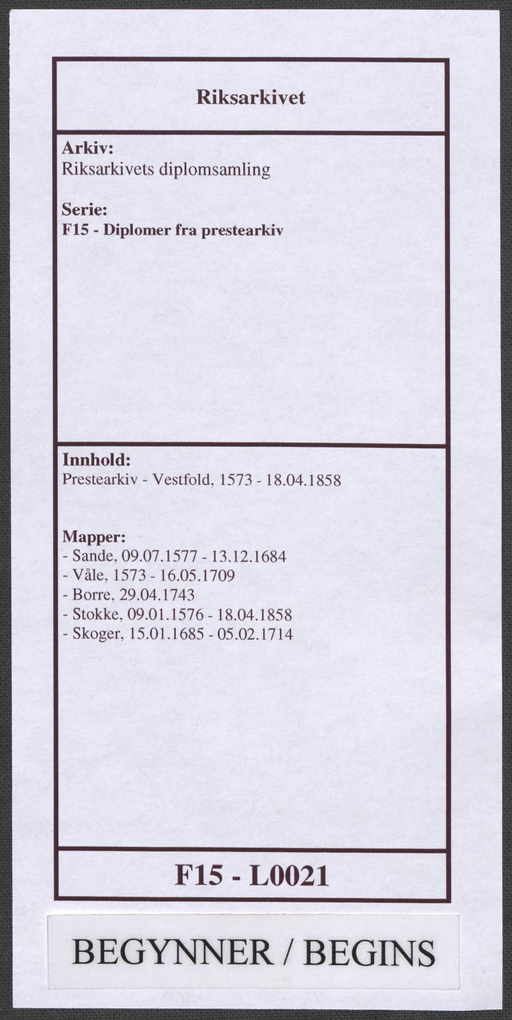 Riksarkivets diplomsamling, AV/RA-EA-5965/F15/L0021: Prestearkiv - Vestfold, 1573-1858, s. 1