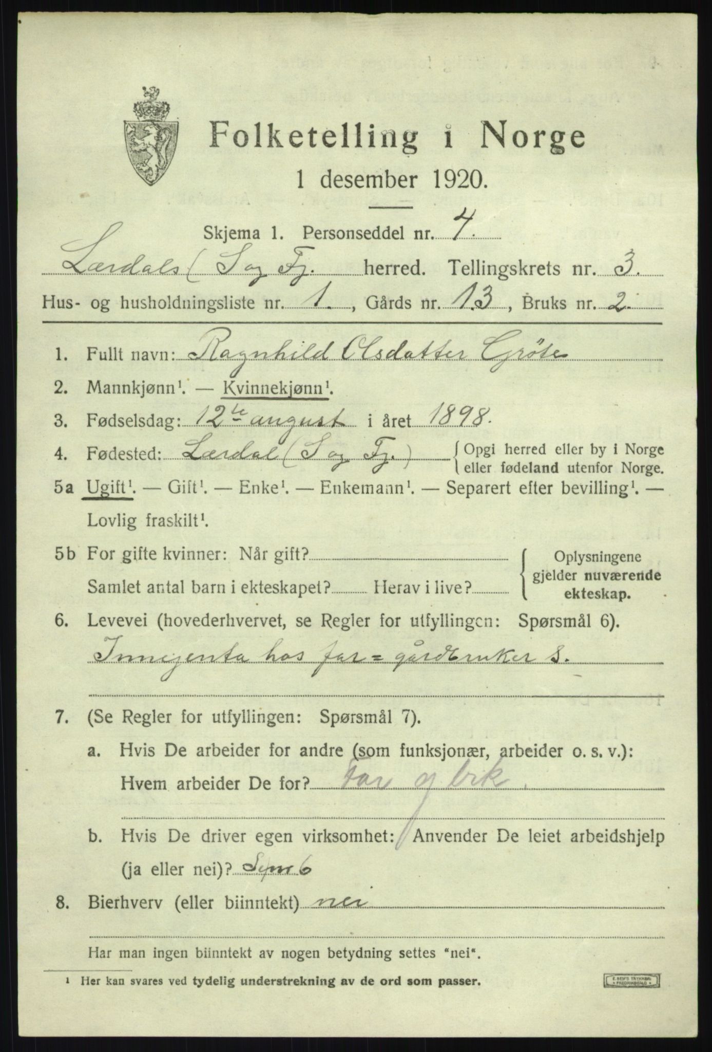 SAB, Folketelling 1920 for 1422 Lærdal herred, 1920, s. 1764