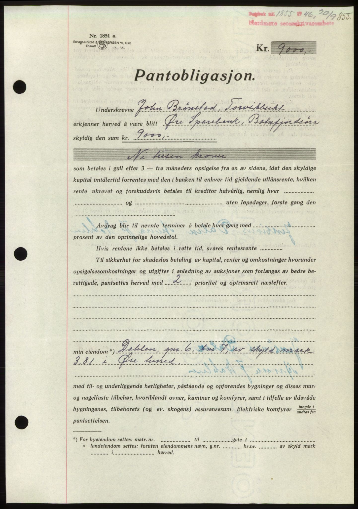 Nordmøre sorenskriveri, AV/SAT-A-4132/1/2/2Ca: Pantebok nr. B94, 1946-1946, Dagboknr: 1855/1946