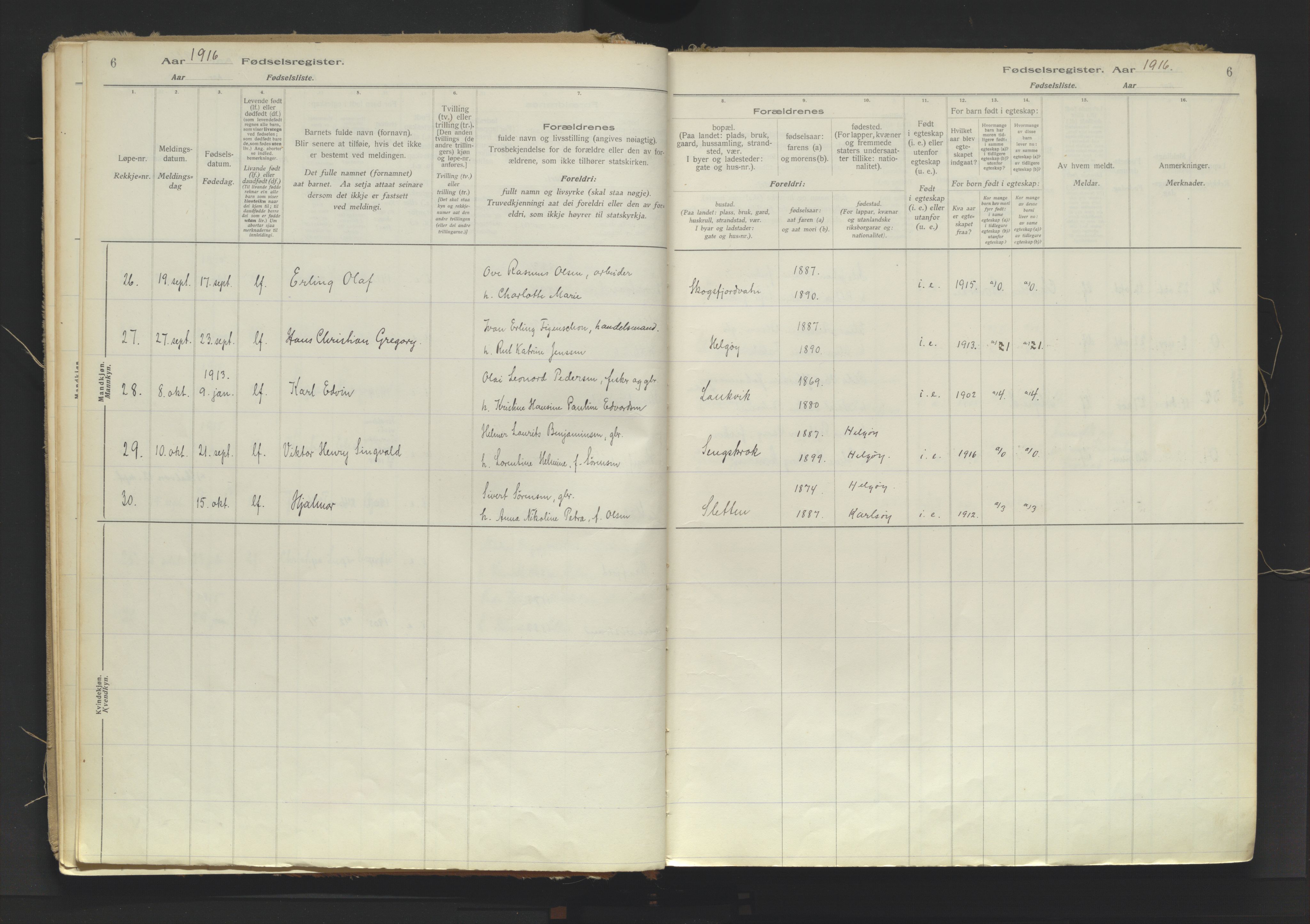 Karlsøy sokneprestembete, AV/SATØ-S-1299/I/Ic/L0067: Fødselsregister nr. 67, 1916-1958, s. 6