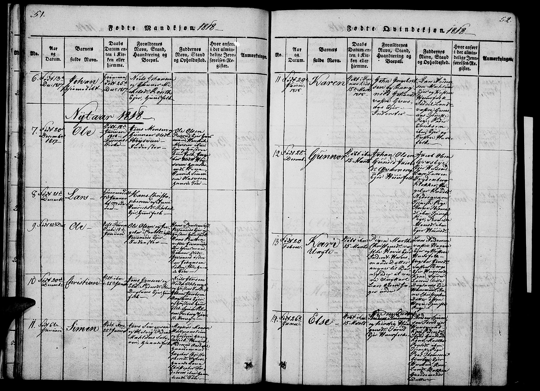 Vang prestekontor, Hedmark, AV/SAH-PREST-008/H/Ha/Haa/L0008: Ministerialbok nr. 8, 1815-1826, s. 51-52