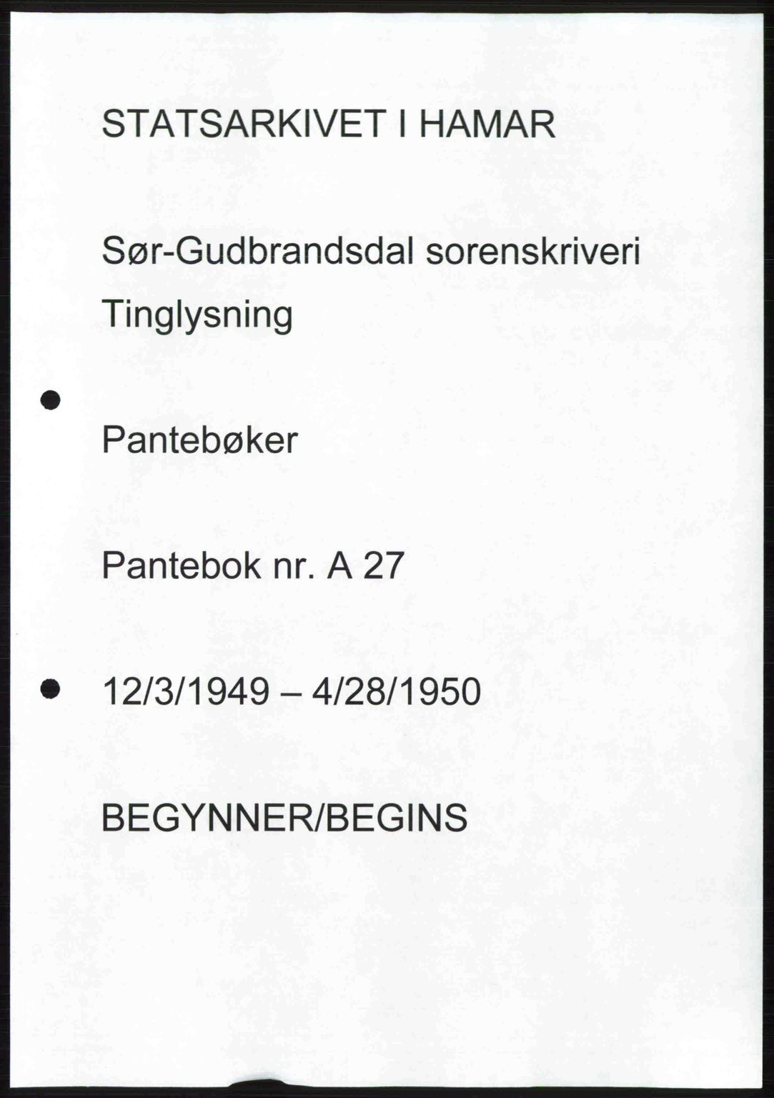 Sør-Gudbrandsdal tingrett, SAH/TING-004/H/Hb/Hbd/L0027: Pantebok nr. A27, 1949-1950