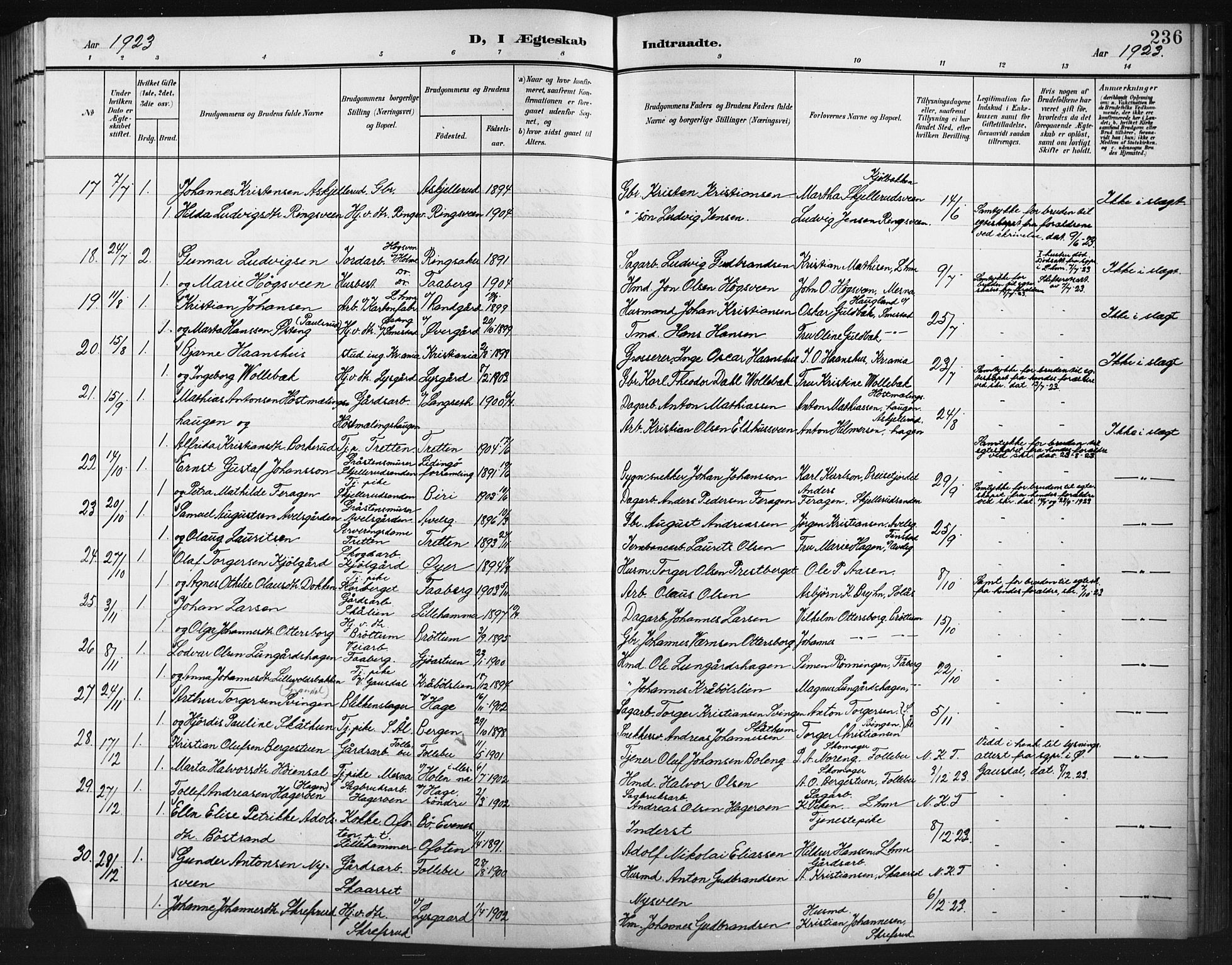 Fåberg prestekontor, AV/SAH-PREST-086/H/Ha/Hab/L0012: Klokkerbok nr. 12, 1903-1924, s. 236