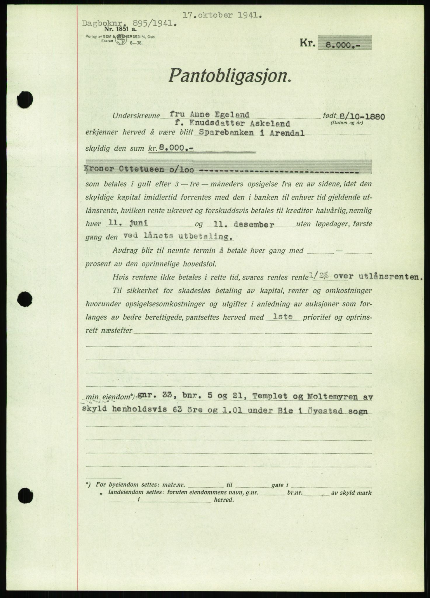 Nedenes sorenskriveri, SAK/1221-0006/G/Gb/Gbb/L0001: Pantebok nr. I, 1939-1942, Dagboknr: 895/1941